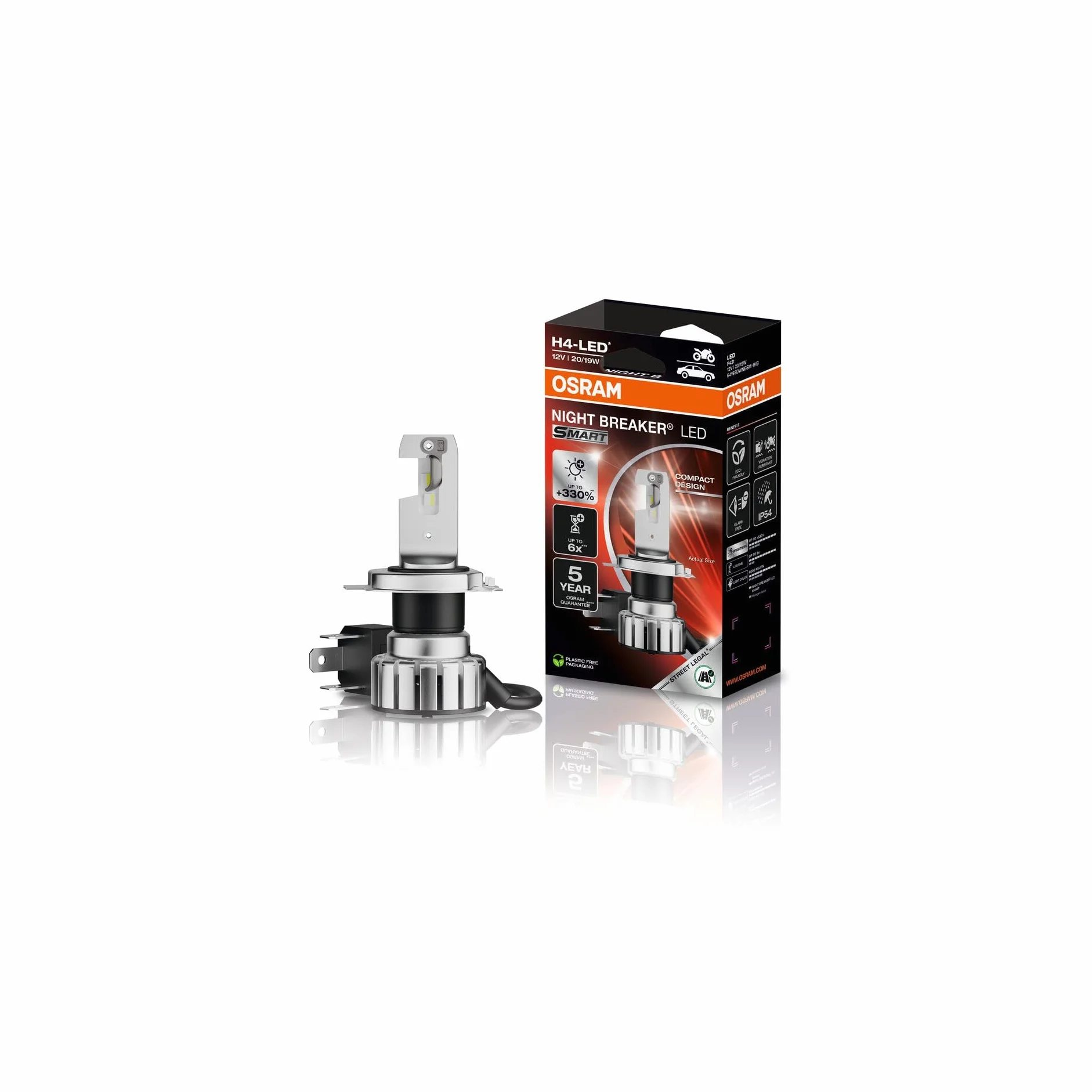 OSRAM NIGHT BREAKER LED SMART H4 do motocykli; do 330% większa jasność; Lampa LED typu retrofit o temperaturze 6000 K, do motocykli dopuszczonych do ruchu drogowego