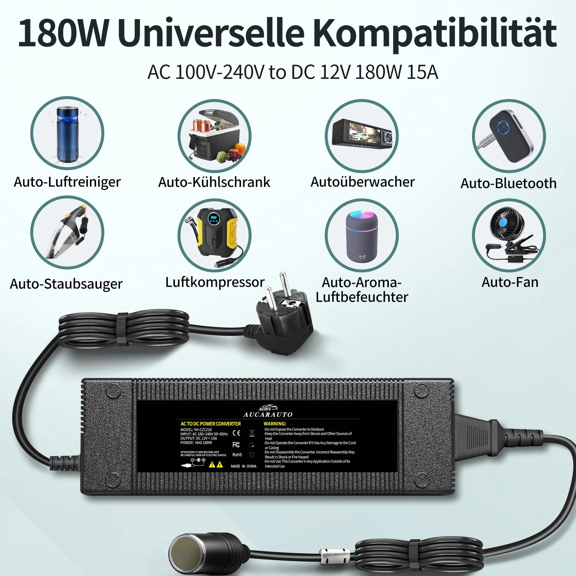 Adapter sieciowy do samochodu 180 W/15 A, przetwornica napięcia 230 V na 12 V, 220 V, adapter z gniazdem zapalniczki do lodówki, odkurzacza samochodowego, lodówki samochodowej, kompresora –