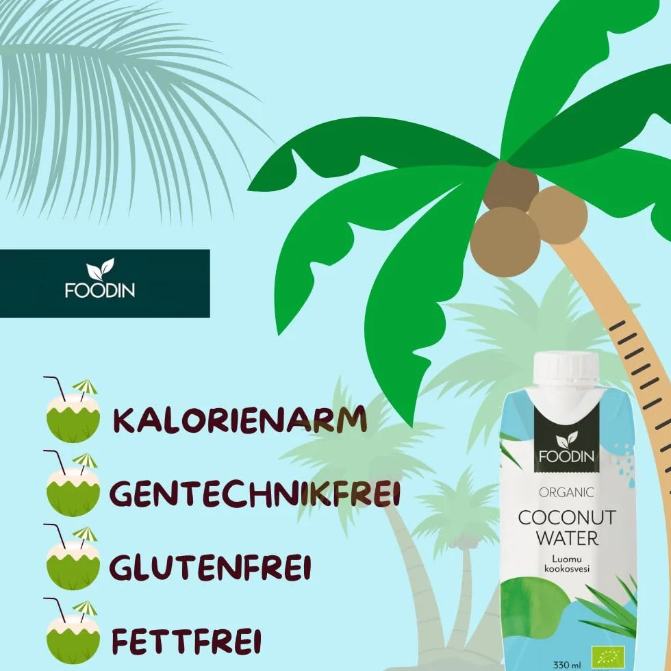 Foodin Woda Kokosowa Organiczna, Naturalnie Nawilżająca z Elektrolitami, Bez Tłuszczu, Bez Glutenu, Bez GMO, Niskokaloryczna - Kojący Gaszenie Pragnienia - Opakowanie 12 sztuk (12x330ml)