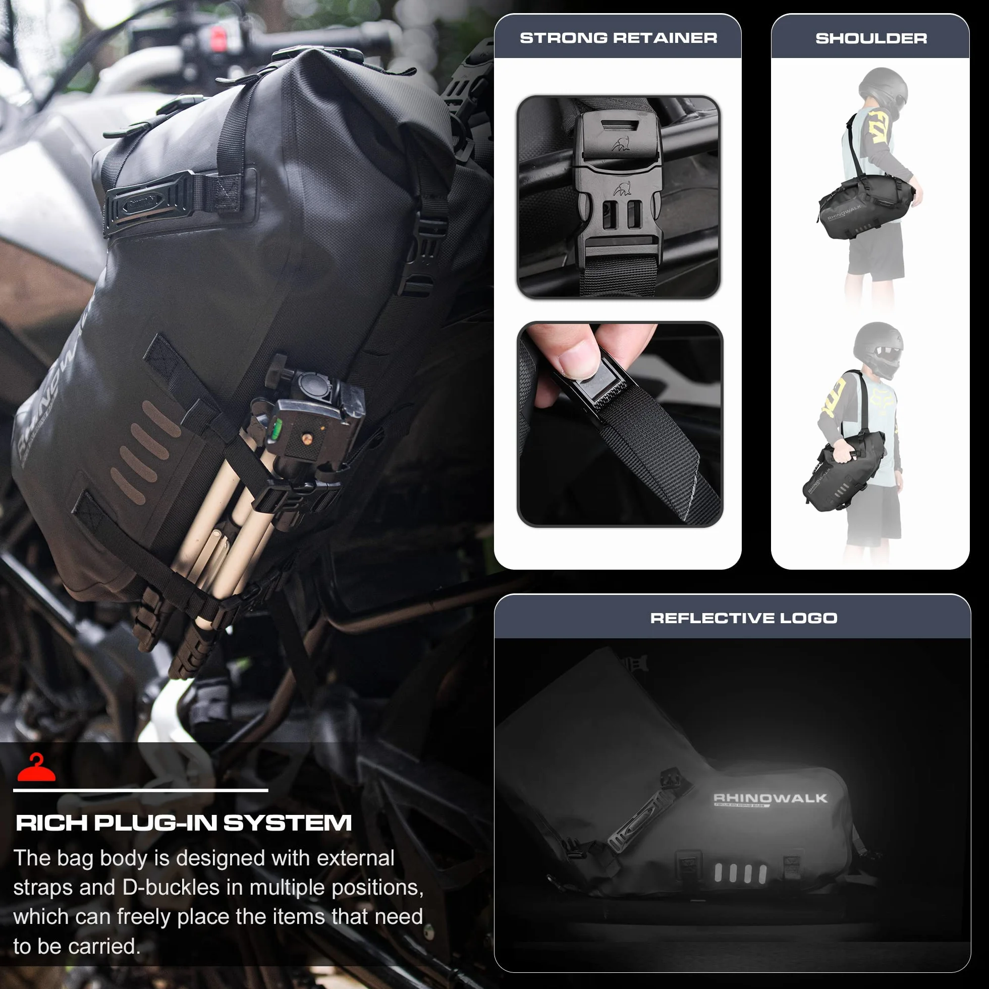 Rhinowalk Wodoodporna torba na siedzenie motocyklowe, 28 l ( 2 x 14 l), boczna, na bagażnik, akcesoria