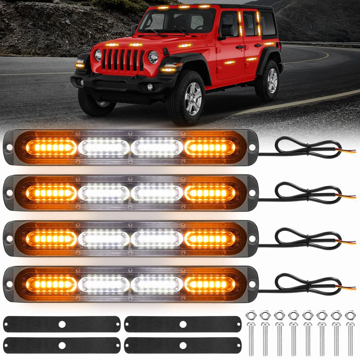 4 x 24 przednie migające diody LED pomarańczowe + białe, 12 V 96 W 18 trybów stroboskopu, IP67, listwa świetlna do samochodów ciężarowych, traktorów samochodowych