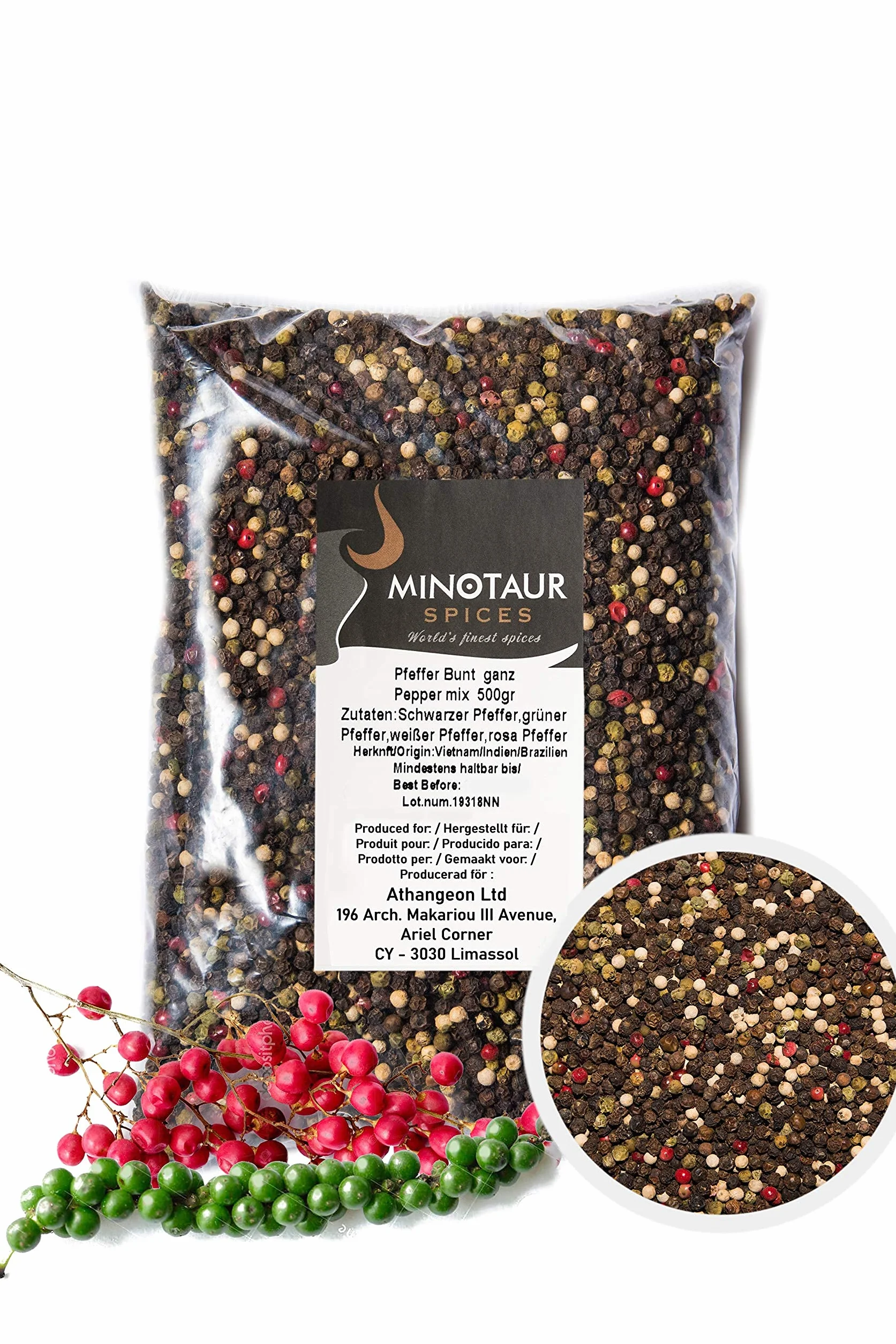 Minotaur Spices | Mieszanka Pieprzu | 2 x 500g (1 Kg) | Pieprz Kolorowy z Czarnego, Białego, Zielonego Pieprzu i Różowych Jagód