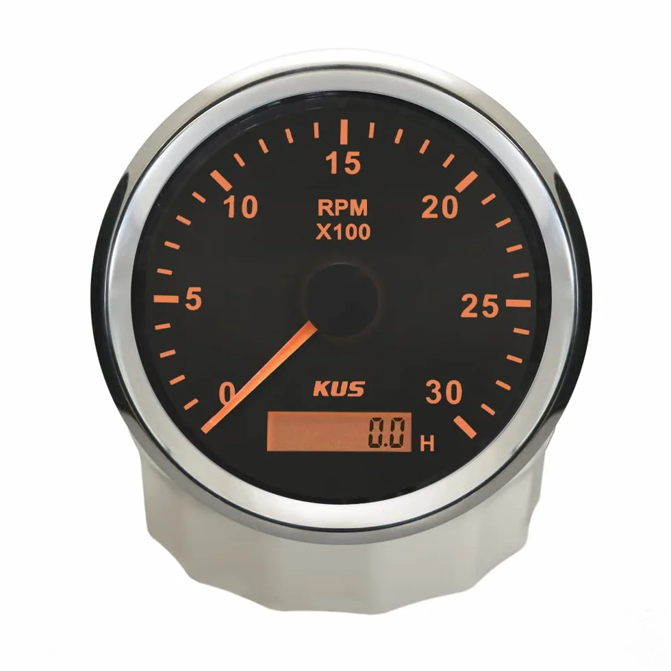 KUS Wasserdichte Drehzahlmesser Drehzahlmesser z Betriebsstundenzähler 3000RPM 85 mm 12 V/24 V Mit Hintergrundbeleuchtung (Czarny)