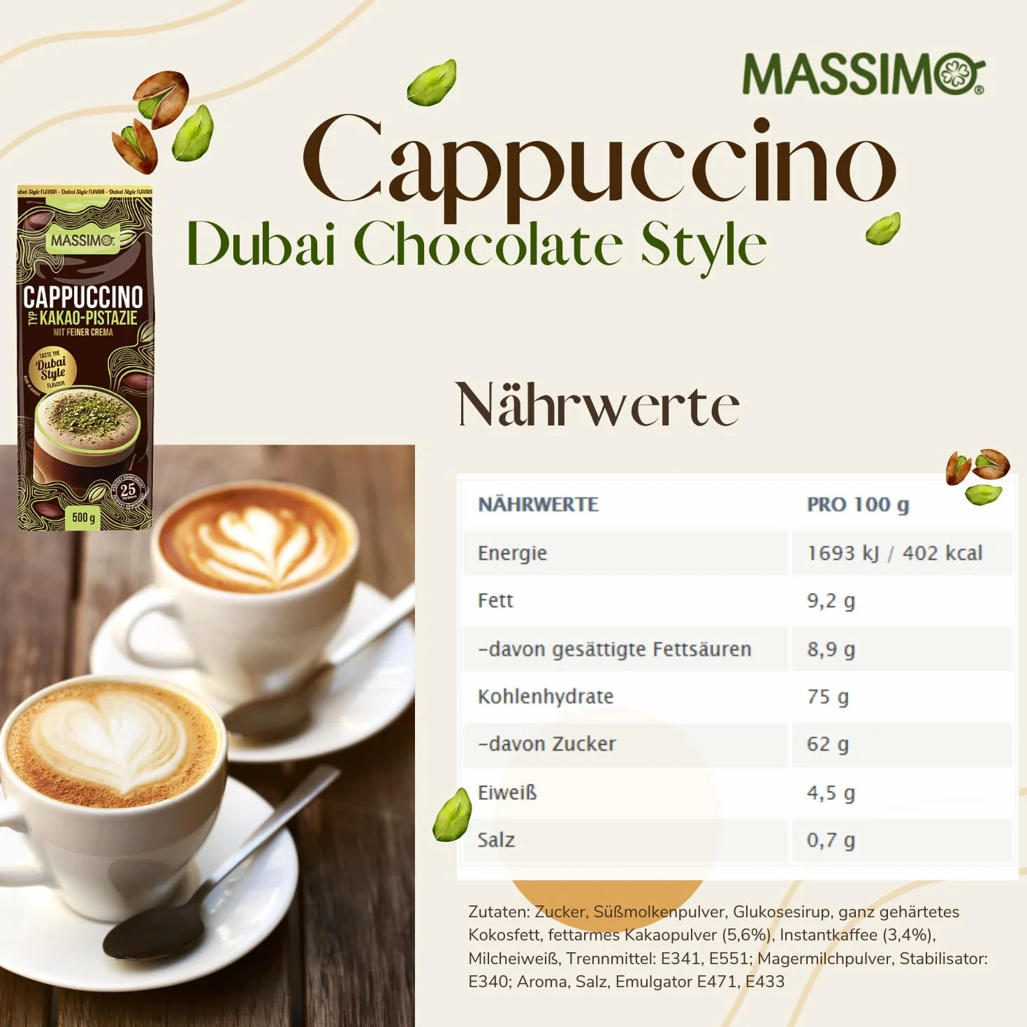MASSIMO Typ Cappuccino Dubai Chocolate Style, 10 x 500 g proszek do napojów instant z kawą rozpuszczalną, kakao w proszku, pistacje kakaowe z delikatną śmietaną, zawiera kofeinę, szybkie przygotowanie