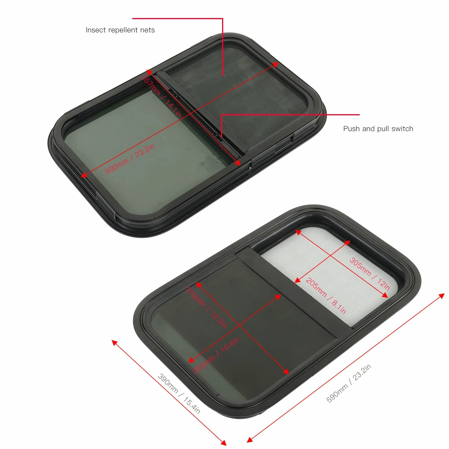 RV Window Replacement, 590x390mm Pionowe Poziome Przesuwne Przyciemniane Szkło Hartowane Okno do Przyczepy Okno do Kampera Zaokrąglone Okna Przesuwne do Pojazdów Inżynieryjnych