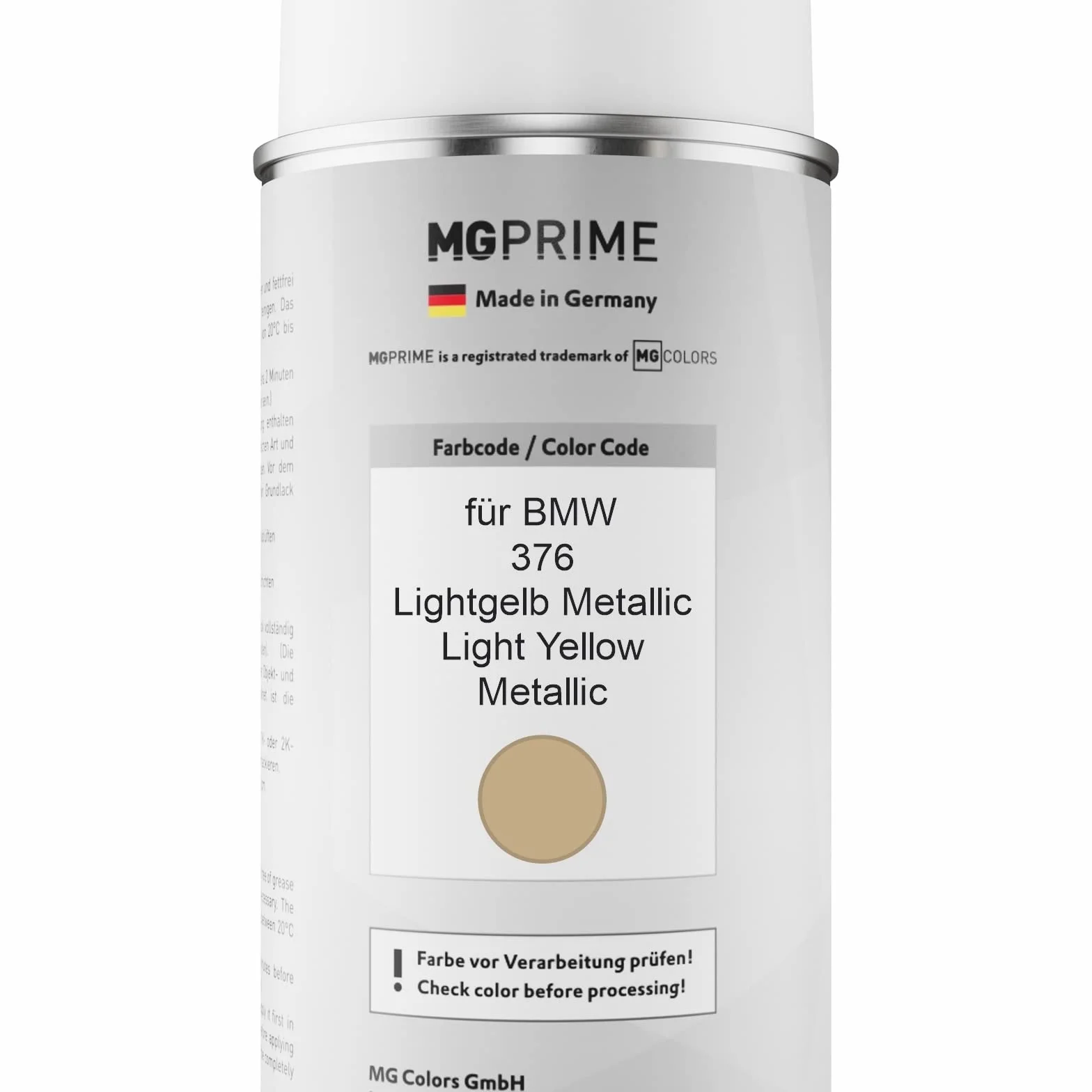 MG PRIME Lakier samochodowy Puszka z aerozolem dla BMW 376 Lightgelb Metallic/Light Yellow Metallic Puszka z aerozolem bazowym 400ml