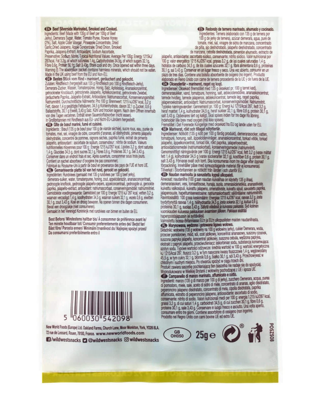 Wild West Beef Jerky, wysokobiałkowa suszona wołowina, przekąska proteinowa Beef Jerky, 16x25g Mix Box z suszoną wołowiną, 6x smak oryginaln, 6x BBQ z miodem, 4x jalapeno