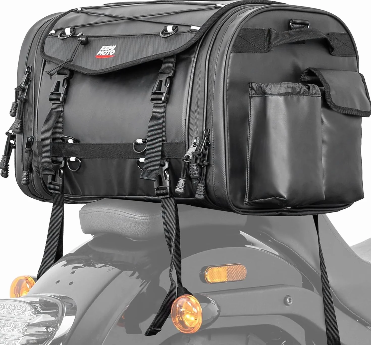 KEMIMOTO Torba motocyklowa 45-65 l, wodoszczelna torba na bagażnik motocyklowy, duża pojemność, torba podsiodłowa, torba na bagażnik z pokrowcem przeciwdeszczowym, łatwy montaż, czarna