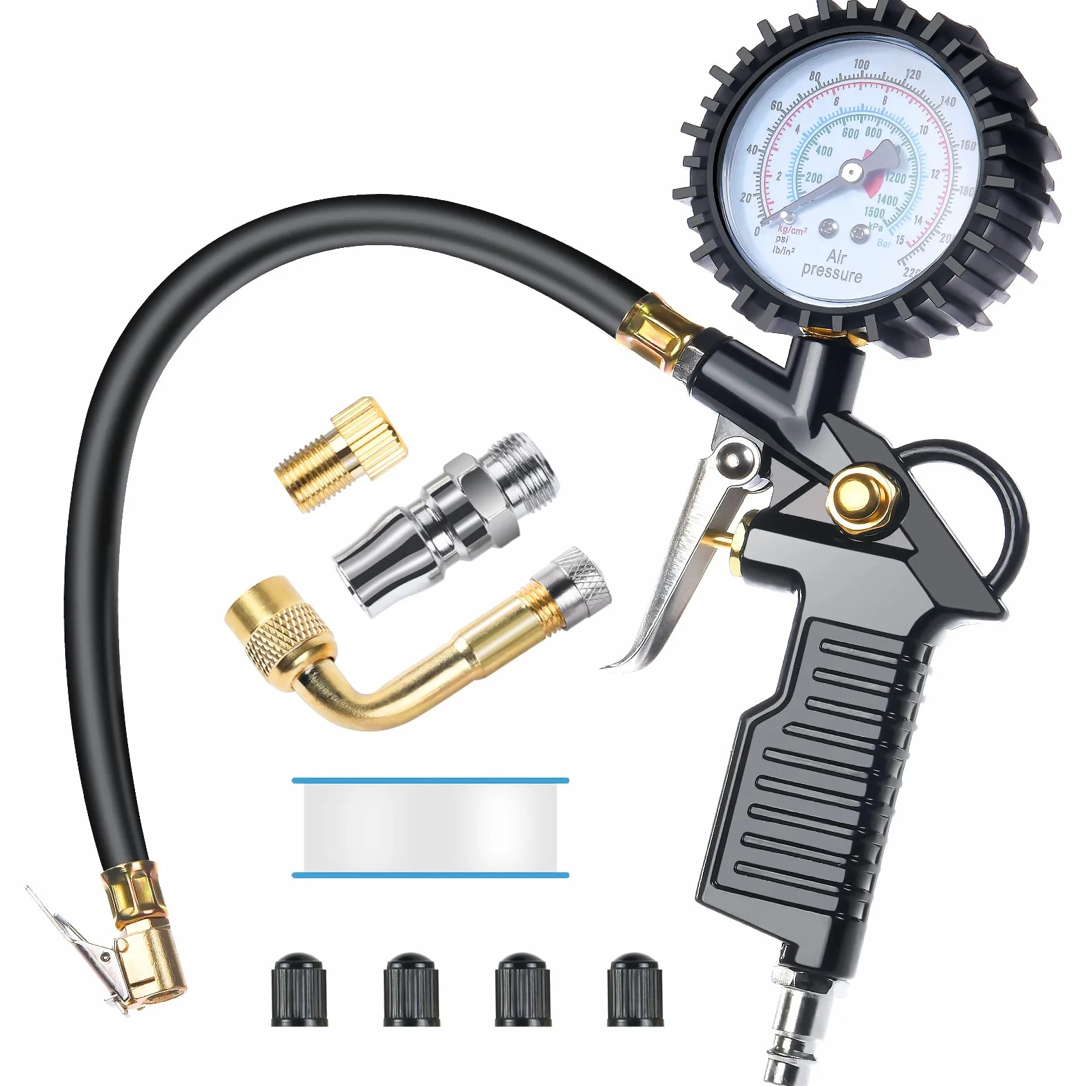 Manometr do opon, 220 PSI, pompka do opon z gumowym wężem, narzędzie rdzeniowe zaworu, akcesoria do sprężarek, adapter, nadaje się do sprężarki, samochodu, motocykla, roweru, ciężarówki