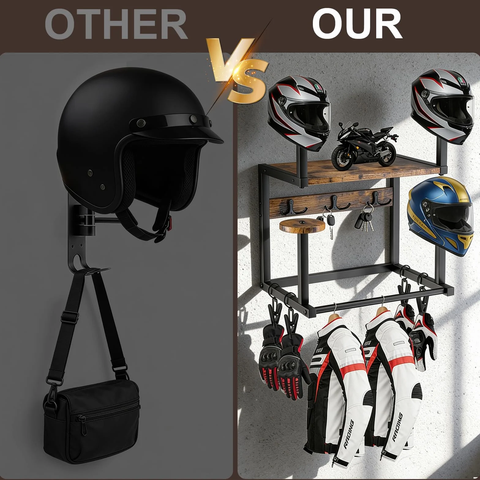 Uchwyt na kask, uchwyt ścienny, stojak na kask motocyklowy, stojak na płytę, organizer z 1 drewnianą deską, 4 stojakami na kask i hakami do motocykla, piłki nożnej, sprzętu rowerowego