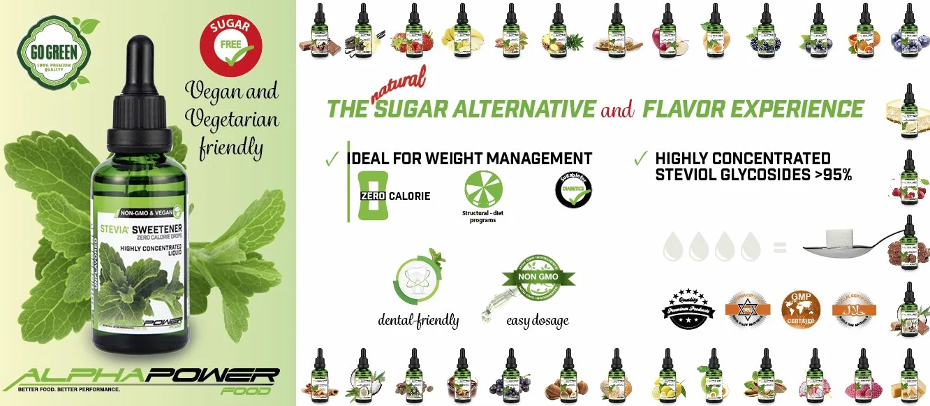 ALPHAPOWER FOOD | Stewia bez cukru, krople smakowe TOFFEE CARAMEL | 100% naturalny aromat w płynie + zamiennik cukru do wody, musli, słodkich potraw, smoothies