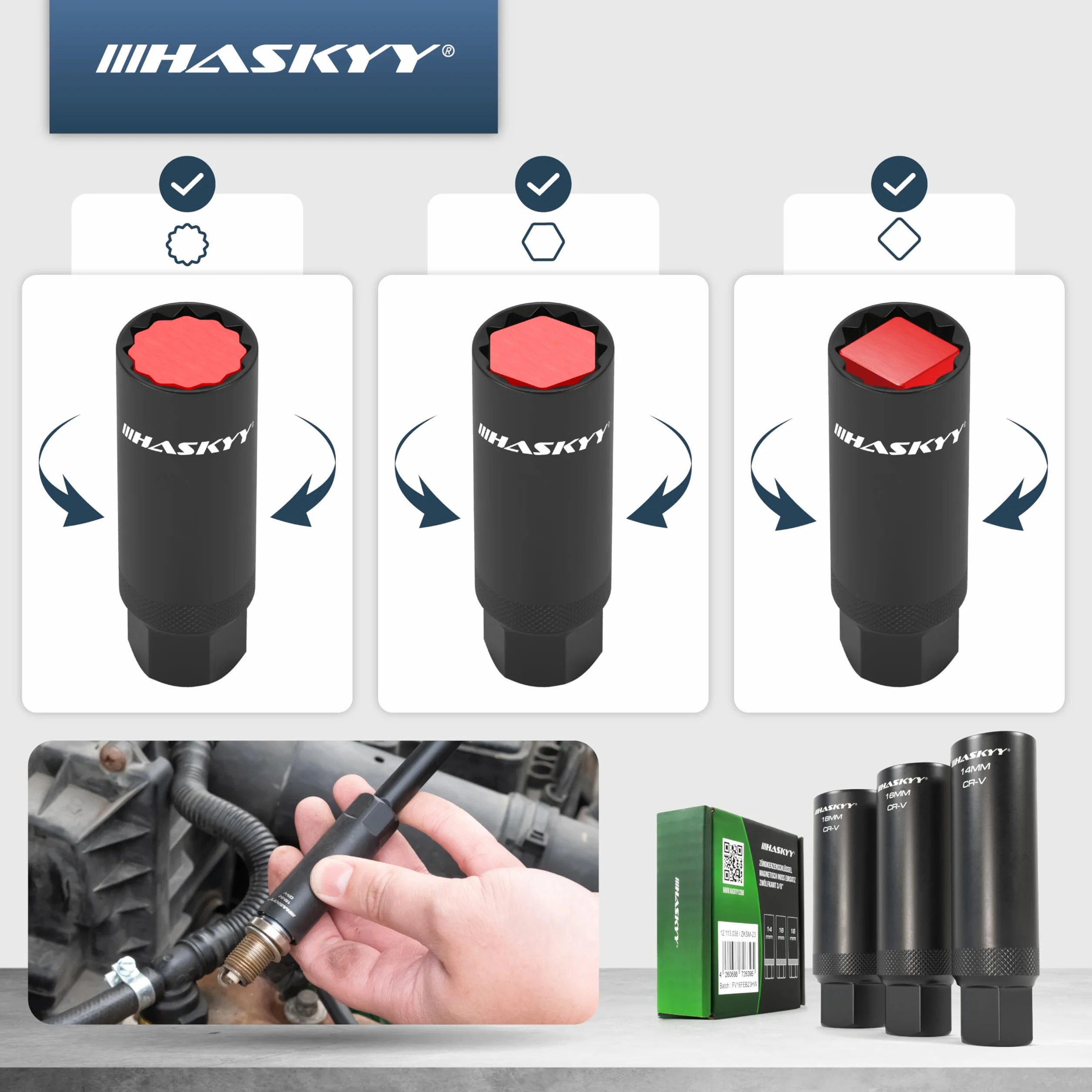 HASKYY Magnetyczny Zestaw Kluczy do Świec 14-16-18mm Nasadki Dwunastokątne 3/8" Komplet 3 Sztuk