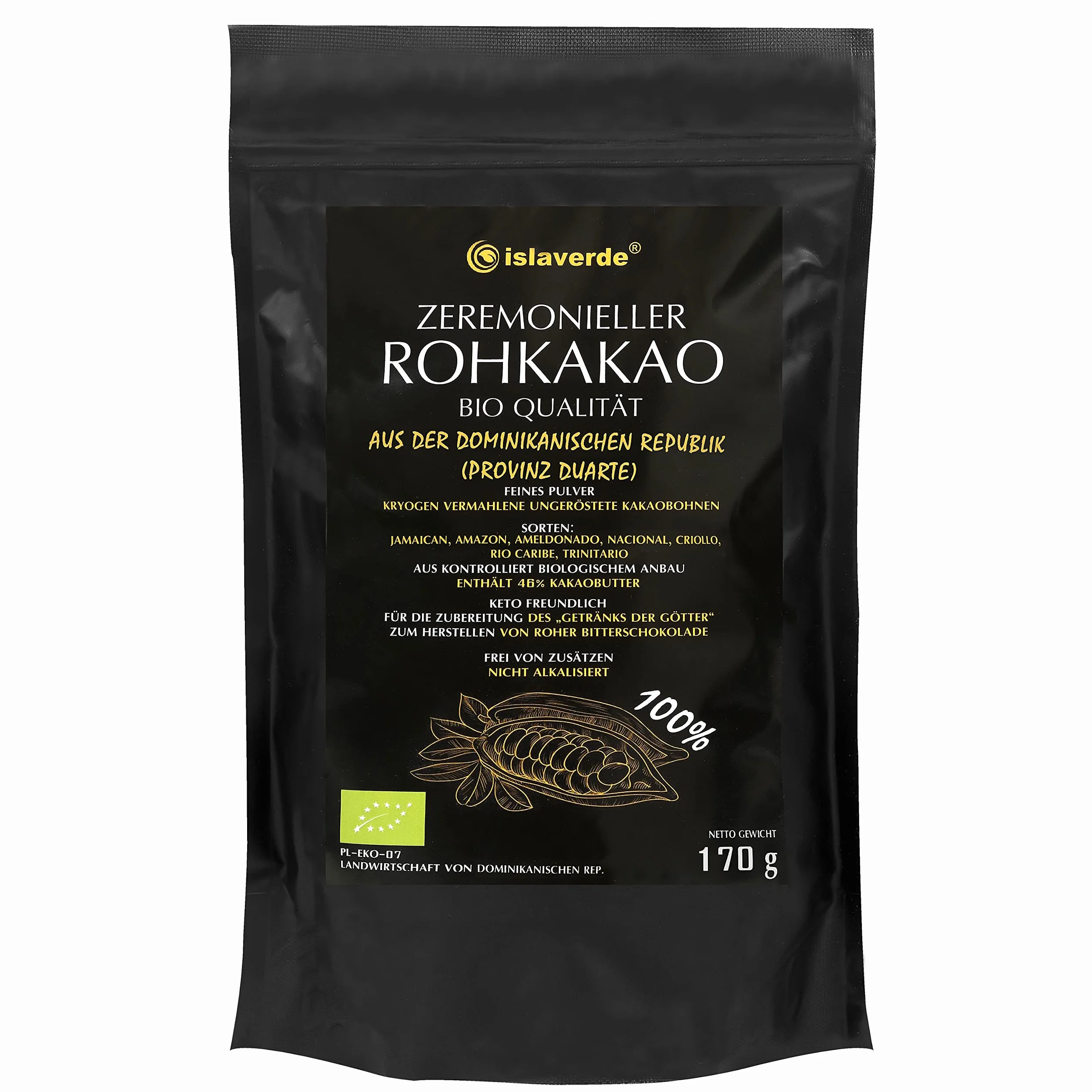 islaverde Kakao Ceremonialne BIO, Wykonane w 100% z Ziaren Kakaowca Premium, Drobny Proszek, 46% Tłuszczu, bez Dodatków i Cukru, Niealkalizowane, Dominikana, 170 g
