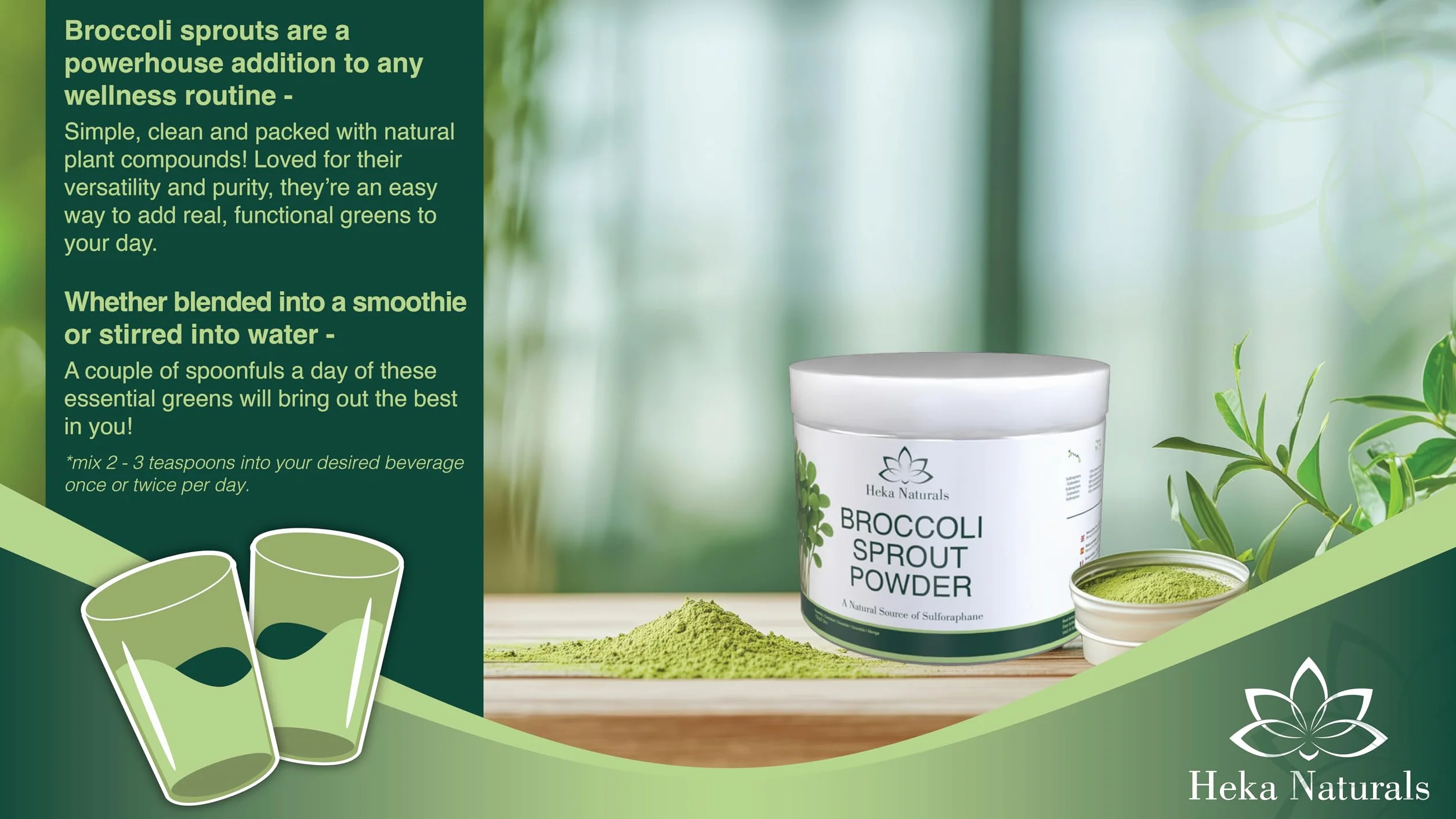Heka Naturals Kiełki brokułów w proszku – 100% czysta superfood z kiełkujących nasion – sulforafan, wegański, wolny od inżynierii genetycznej i dodatków (małe (150 g))