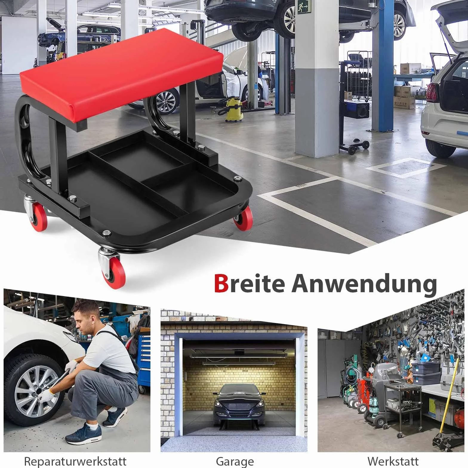 COSTWAY Taboret warsztatowy na kółkach, warsztatowy taboret na kółkach 150 kg udźwig, taboret roboczy z półką i miękką podkładką na siedzisko, taboret na kółkach, taboret montażowy do narzędzi, 38 x