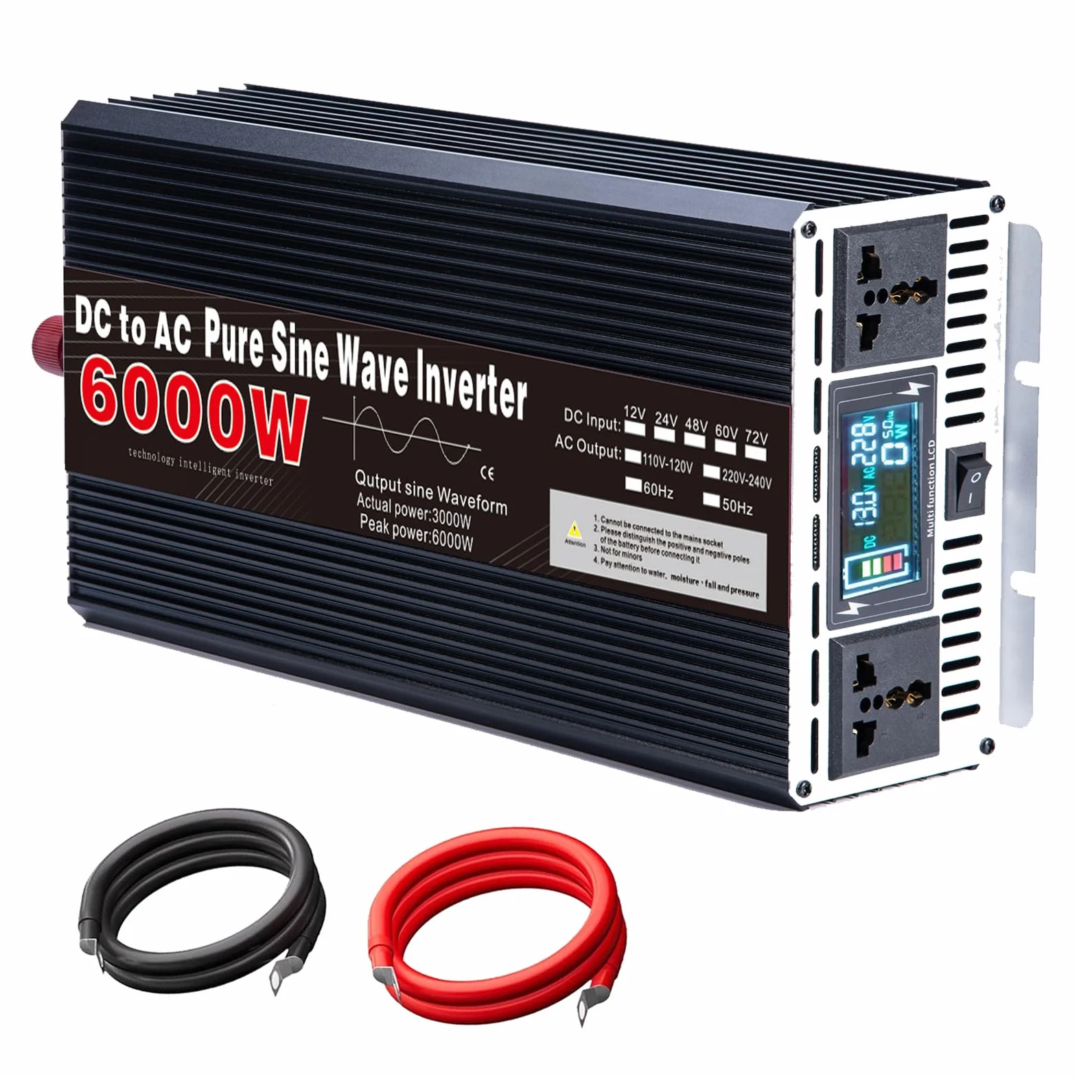Przemysłowy Falownik Sinusoidalny o Mocy 6000W, DC 12V 24V 48V 60V 72V do 120V 230V AC, Konwerter Zasilania Samochodowego z 2 Gniazdami AC do Urządzeń Elektronicznych i Zasilania Awa(Size:72v to 110v)