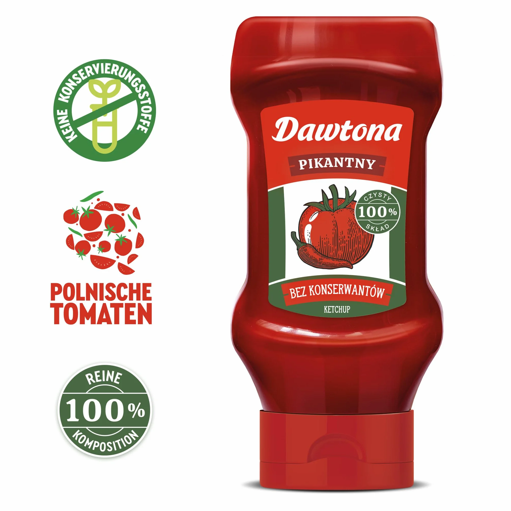 DAWTONA Ketchup Pikantny 10 x 450g, 100% Czysty Skład z Polskich Pomidorów, Bez Konserwantów i Bez Skrobi, Naturalnie Gęsty - Wyrazisty Smak Idealny do Pizzy, Mięs, Burgerów i Zapiekanek