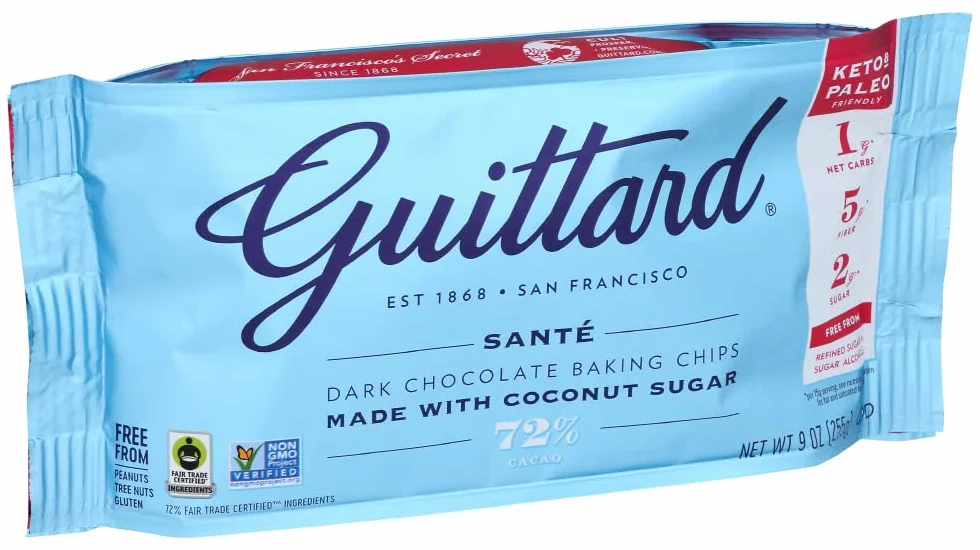 Guittard Chocolate Chips Santé – 72% Gorzka Czekolada z Cukrem Kokosowym, 255 g – Przyjazna dla Diet Keto & Paleo, Bez Cukru Rafinowanego – Intensywny Smak z Nutą Wanilii