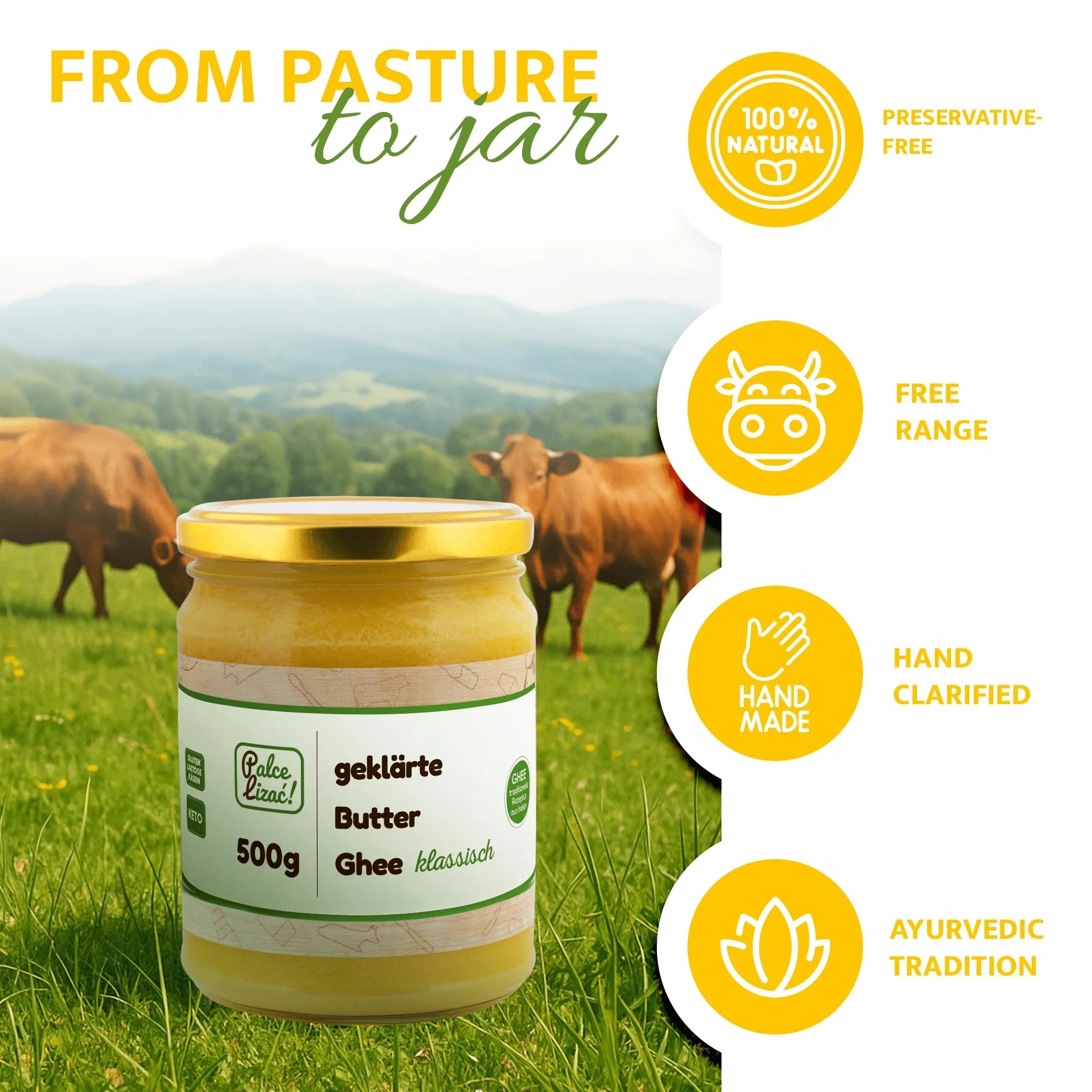 PALCE LIZAĆ Klarowane Masło Ghee 500 g | Ajurwedyjskie, bez laktozy, bez glutenu | Do gotowania, smażenia i pieczenia | Czysty tłuszcz maślany, idealne dla diety keto | 100% Naturalne