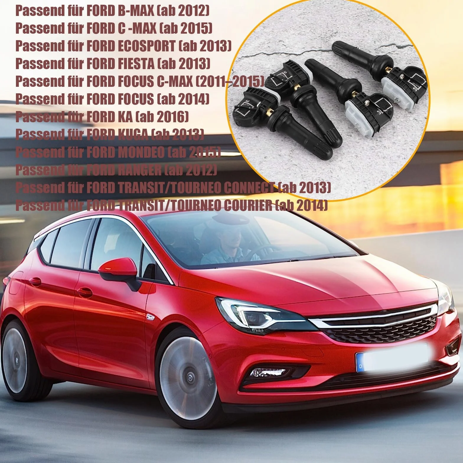 ANBOO 4 sztuki TPMS czujnik ciśnienia w oponach, system kontroli ciśnienia w oponach, czujniki RDKS, kompatybilne z Ford Focus III/C-Max II/B-Max/Kuga/Fiesta/Mondeo/Ecosport 1862980 2036832 2318530 do