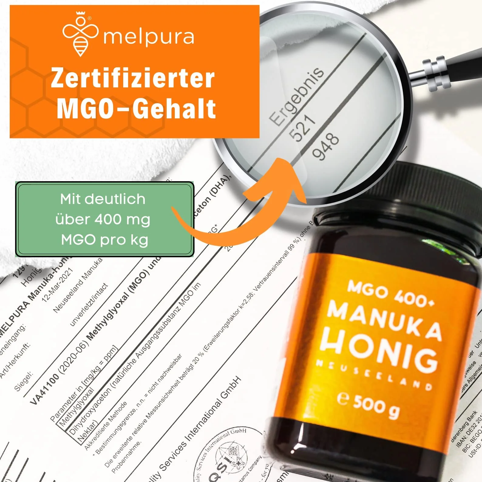MELPURA Miód Manuka, MGO 400 + 500 g, z Nowej Zelandii z certyfikowaną, naturalną zawartością glizyksu metylowego – testowany laboratoryjnie, zweryfikowane pochodzenie, uczciwy handel bezpośrednio od producenta