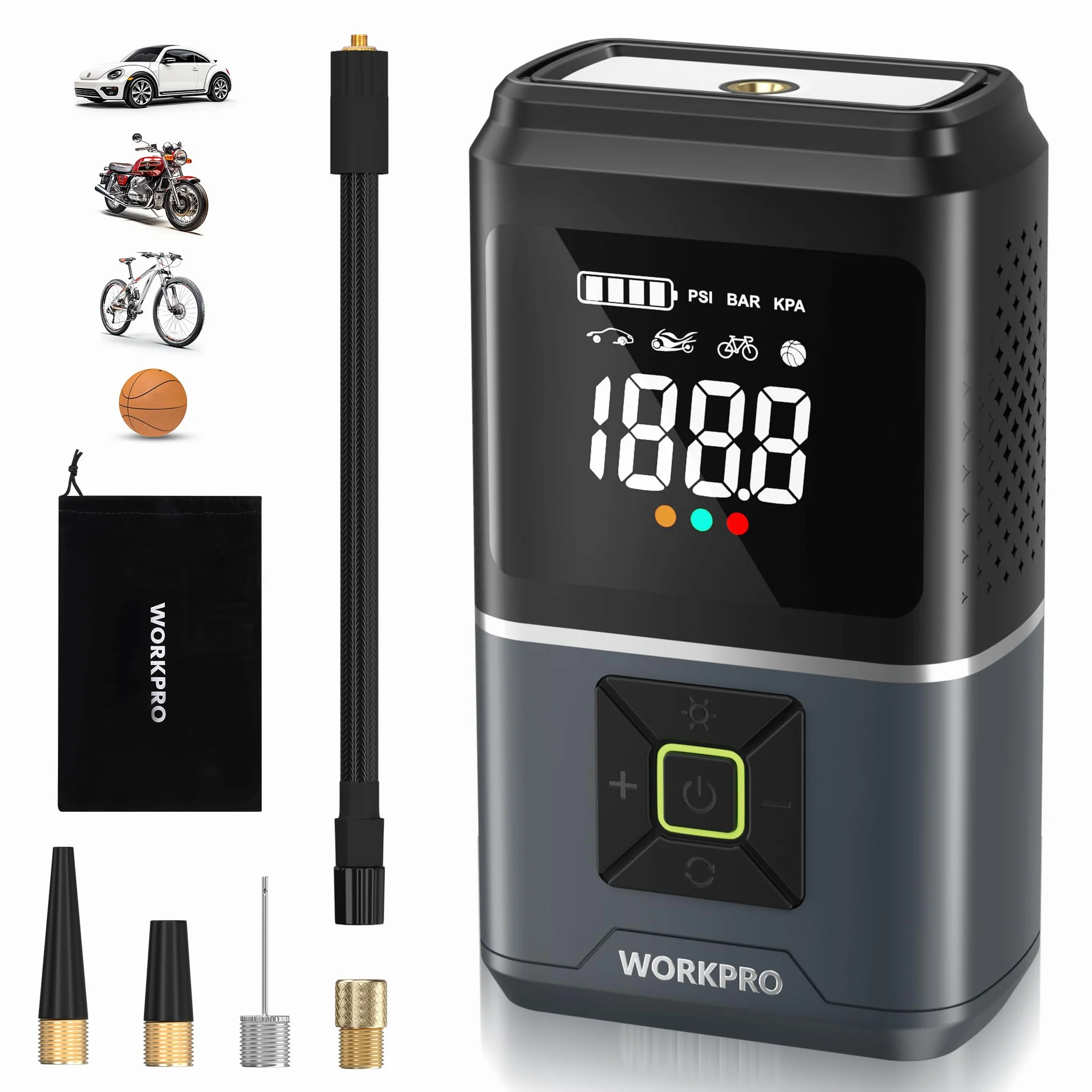 WORKPRO Bezprzewodowa sprężarka powietrza, 2500 mAh, 7,2 V, przenośna sprężarka powietrza z 4 trybami, 150 PSI, inteligentny cyfrowy wyświetlacz LED, SOS do samochodu, motocykla, piłki, rowerów