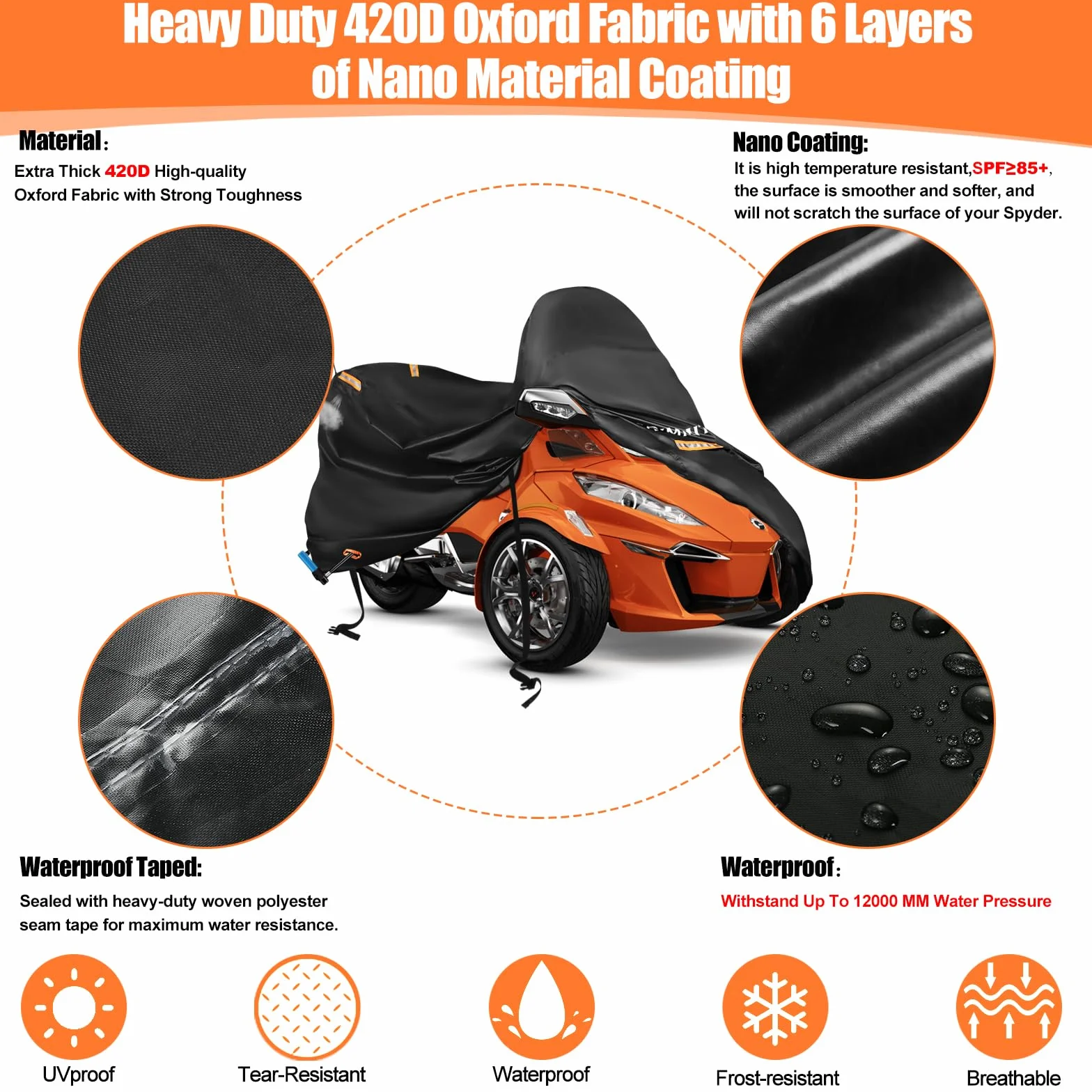 Can-Am Spyder Wodoodporna plandeka 420D Full Cover z paskami odblaskowymi do RT/F3 S/Limited, trzykołowy pokrowiec na motocykl