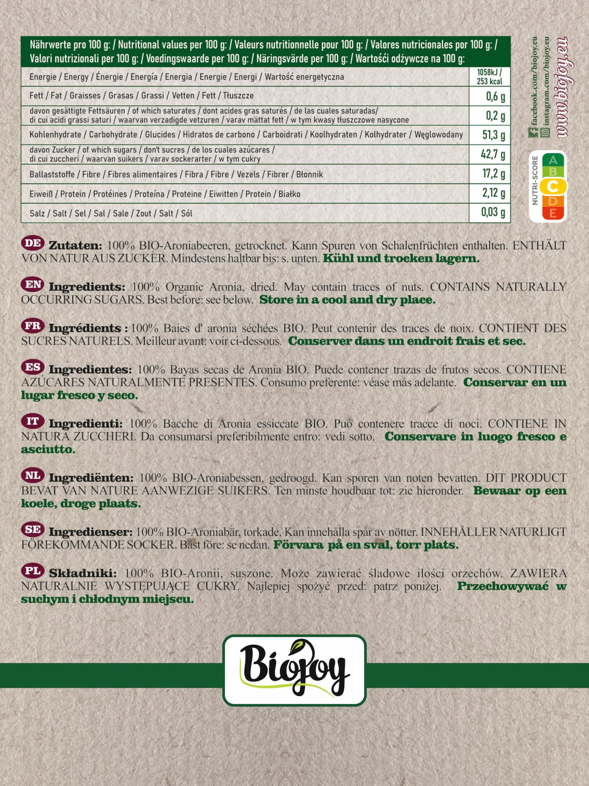 Biojoy BIO-Owoce Aronii suszone 1 kg całe owoce Aronia melanocarpa
