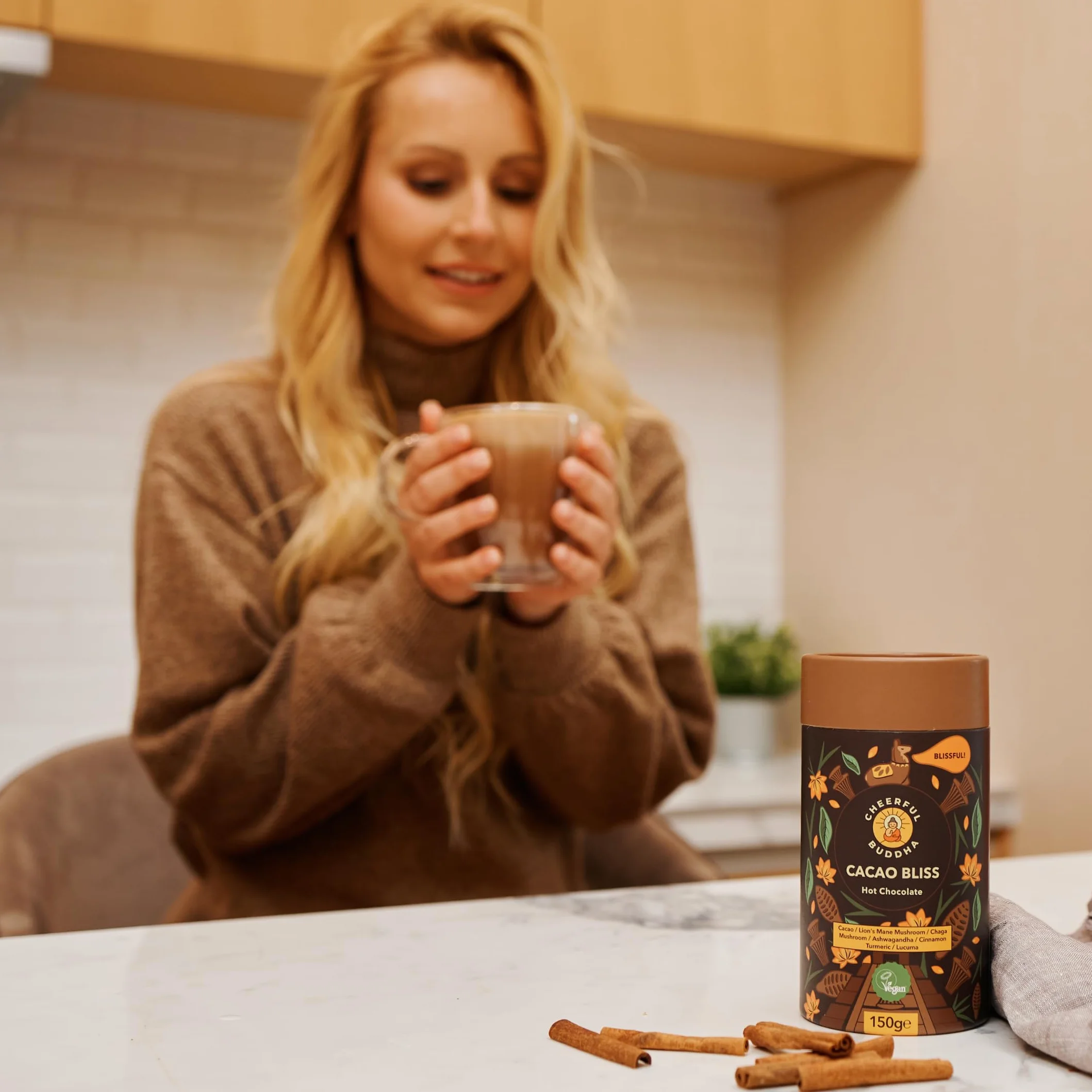Cheerful Buddha Cacao Bliss gorący napój czekoladowy - energetyzująca alternatywa dla kawy, wzmocniony superfoods|mniej wstrząsów| bez dodatku cukru | przyjazny dla wegańskich | 150 g