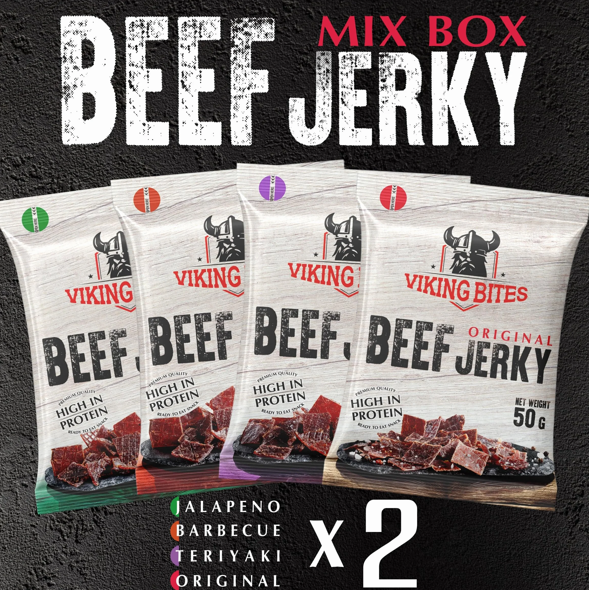 Viking Bites Beef Jerky Mixed box - 400 g (8 x 50 g) – mieszanka suszonej wołowiny, pudełko - 2x Oryginalna, 2x Jalapeno, 2x Barbecue, 2x Teriyaki – Przekąska mięsna o wysokiej zawartości białka