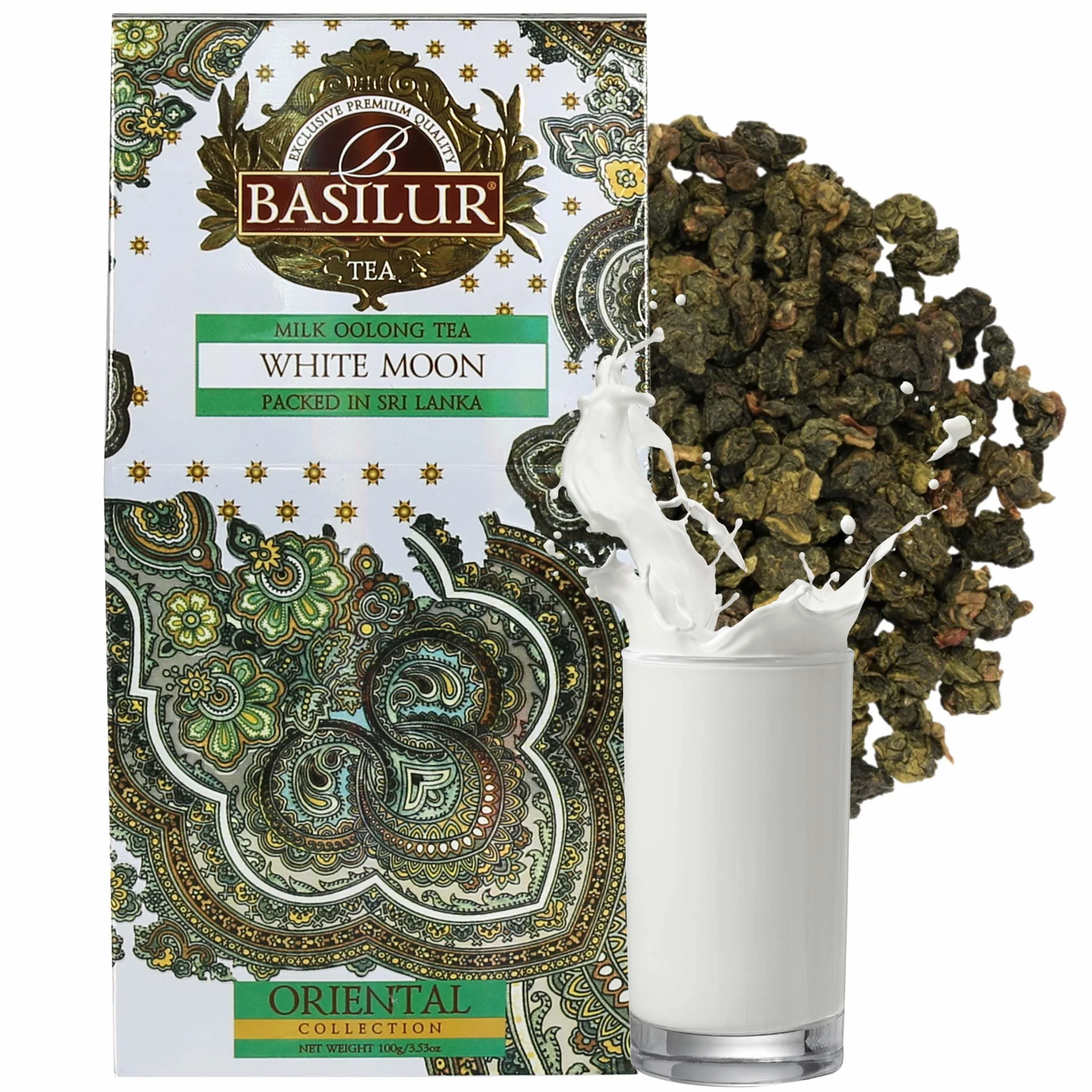 BASILUR White Moon Zielona herbata cejlońska liściasta z dodatkiem mlecznego aromatu, 100 g (x1)