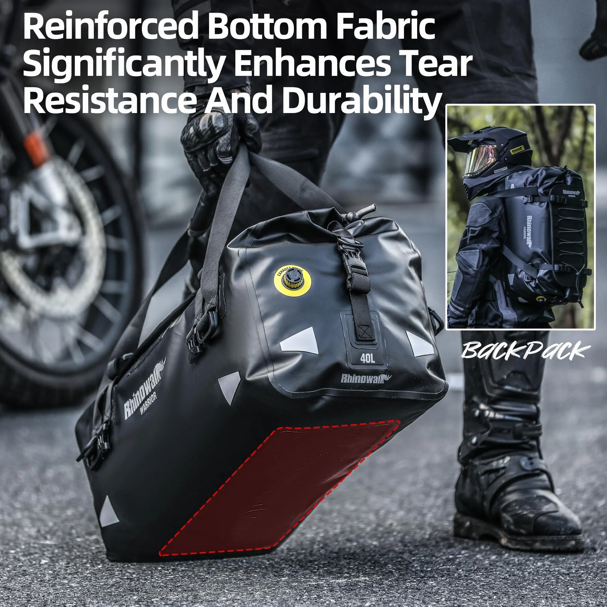 Rhinowalk Wodoodporna torba na tylną torbę motocyklową Duffle z dużą przestrzenią na kemping, pływanie łódką, bycycle, 60 l, czarna