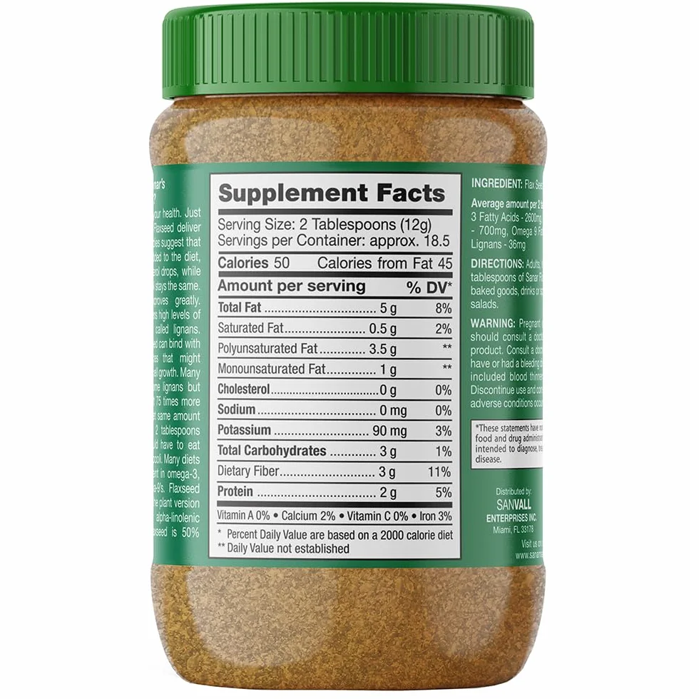 SANAR ORGANIC GROUND FLAX SEED LINAZA, Omega 3 6 9, DEITARY FIBER - LINANS, ...