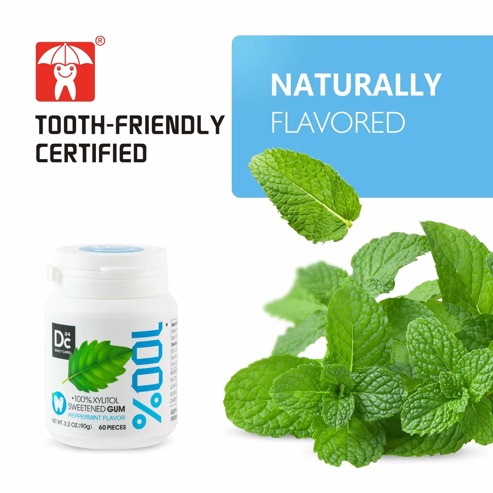 DC24 DAILY CARE Guma do żucia z 100% Ksylitolem‌, Bez aspartamu, Bez cukru, Naturalne aromaty miętowe Bezglutenowa, Wegańska, 60 sztuk (2 opakowania)