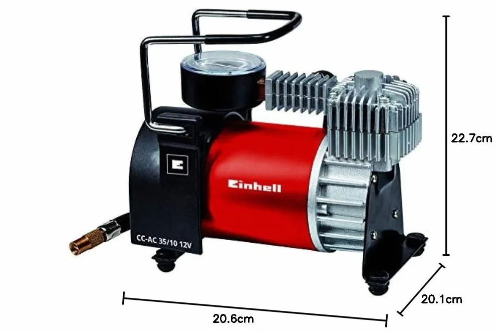 Einhell Sprężarka samochodowa CC-AC 35/10 12 V (maks. 8 bar, moc wyjściowa 35 l/min, podłączenie za pomocą zapalniczki samochodowej, manometr, w zestawie 4 dodatkowe adaptery), przenośna