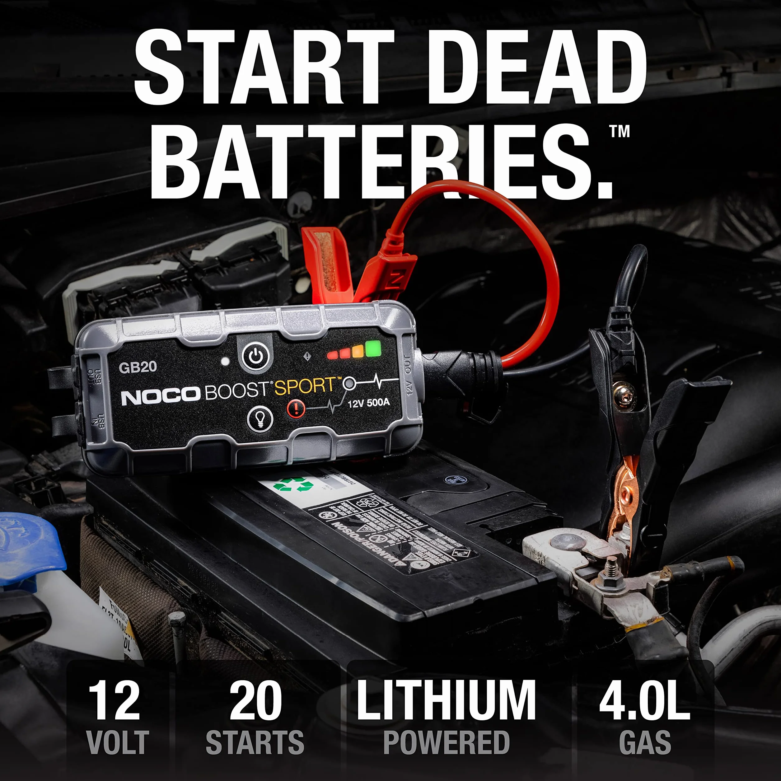 NOCO Boost Sport GB20 500A 12V UltraSafe litowy urządzenie rozruchowe, booster do akumulatora I kable rozruchowe do 4,0-litrowych silników benzynowych odpalania