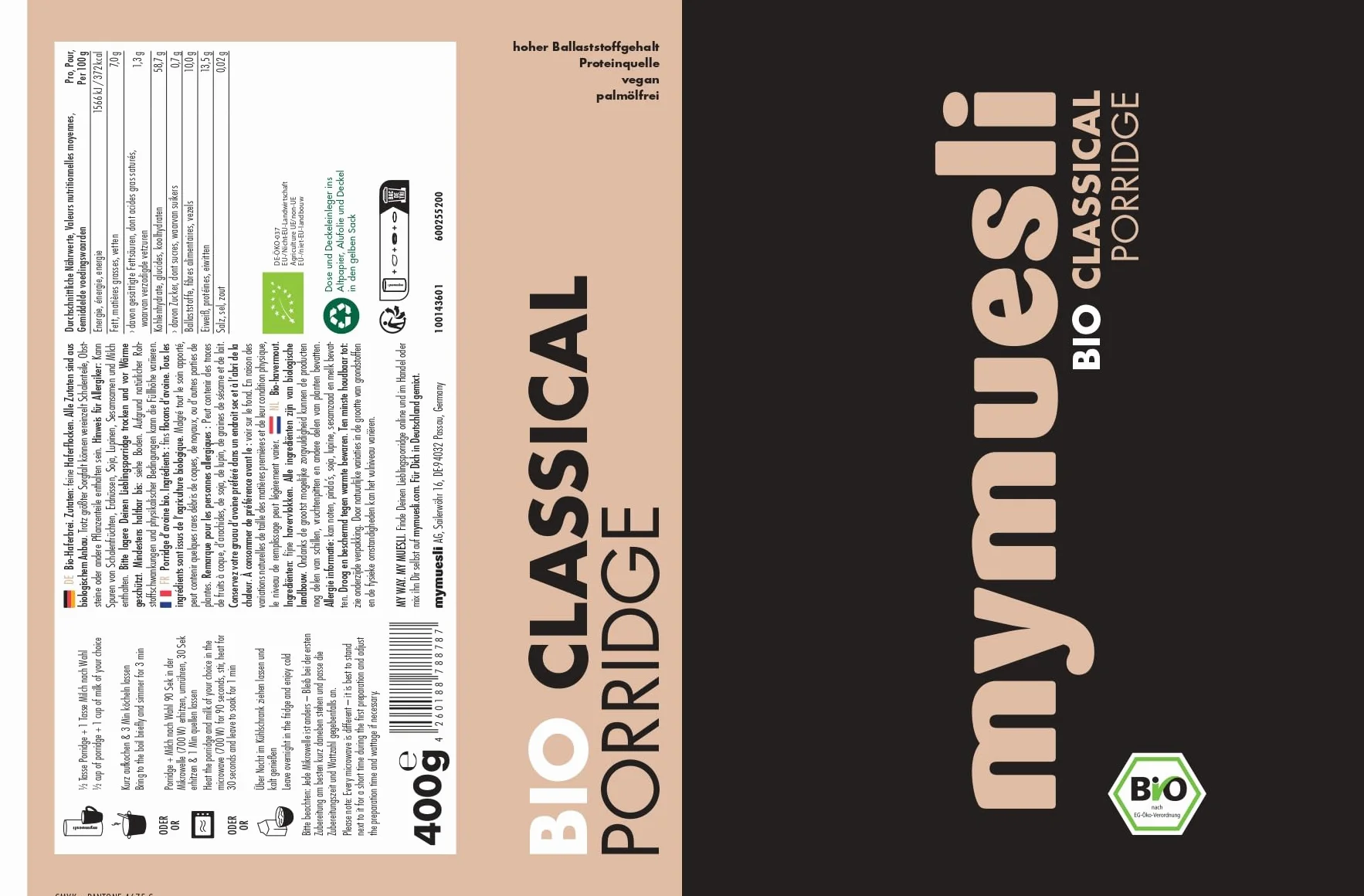 Mymuesli puszka owsianka 6 x 400 g z sernikiem jagodowym, Classic Pur, Wildberry Chia, Mak waniliowy, Choco Banana, Chrupiący cynamon jabłkowy
