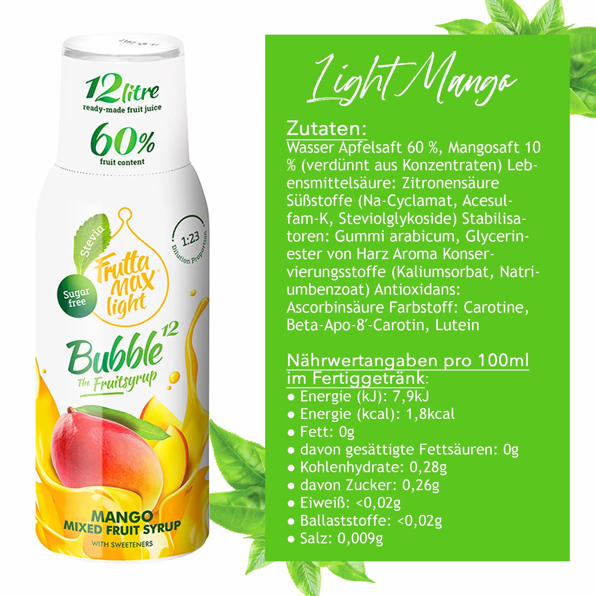 2 x Light - Niskowęglowodanowy - Syrop Fitness by FruttaMax | Zero cukru | ze Stewią | 50% zawartość owoców (2 x 500ml) (2 x Mango - Light)