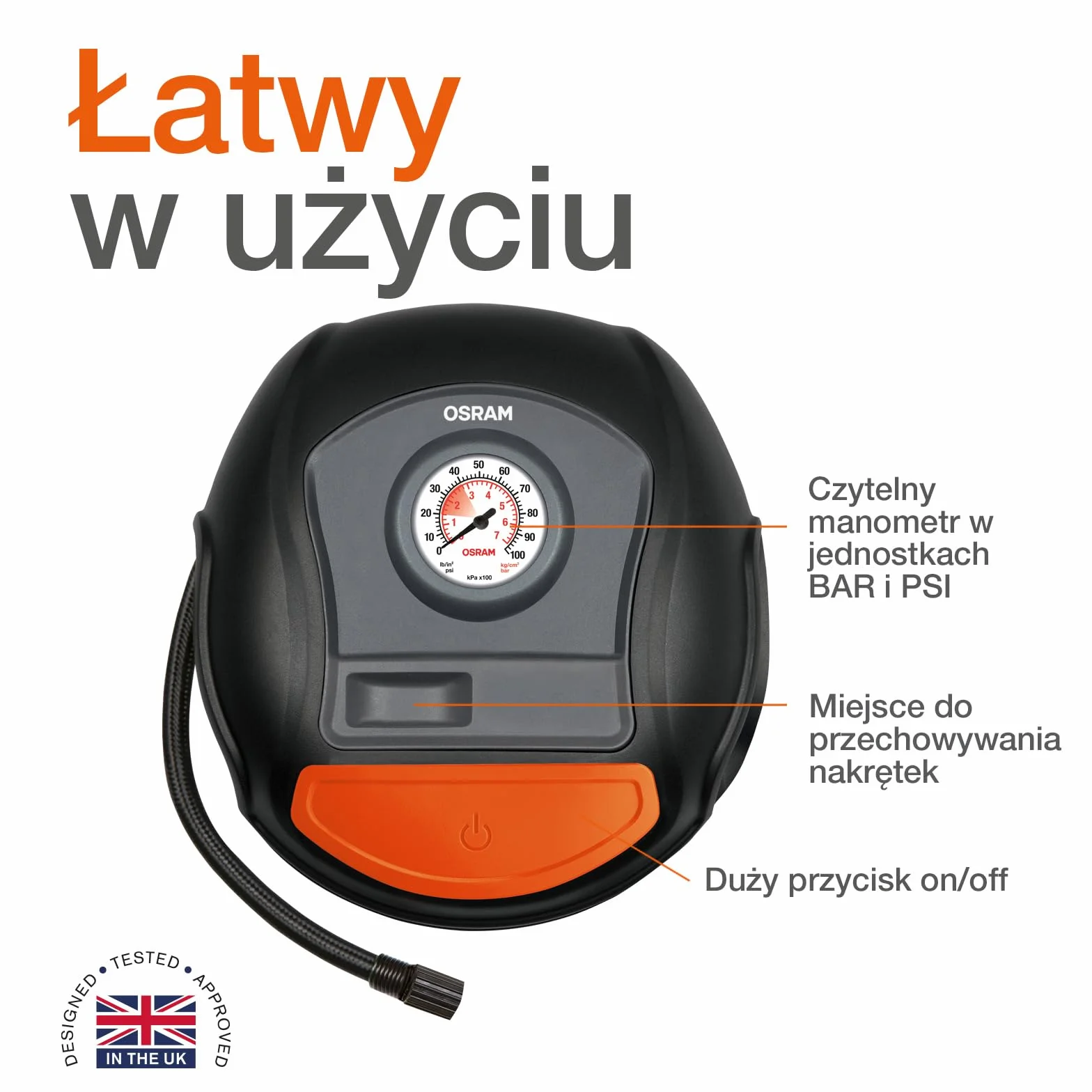 OSRAM TYRE inflate 200, Szybki kompresor do opon ze zwijanym kablem, OTI200, 11,1 V