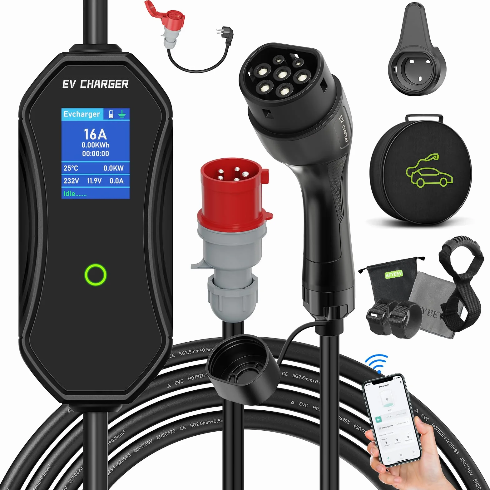 Kabel do ładowania typu 2 CEE 16 A, 11 kW 8-16 A, 7 m, kompatybilny ze wszystkimi pojazdami elektrycznymi i hybrydowymi