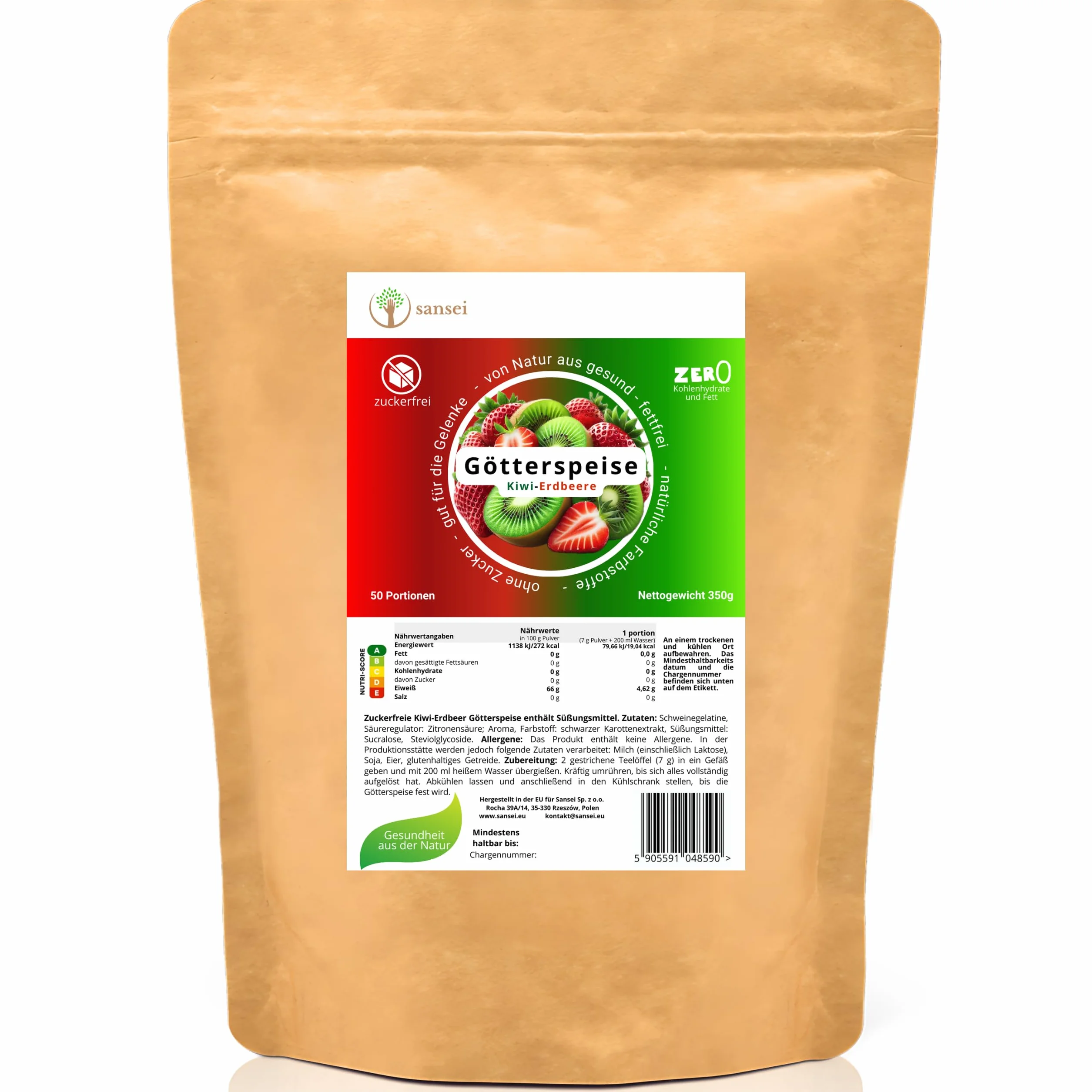 Sansei galaretka deserowa 350 g – do 50 porcji – Bez Cukru, Bez Glutenu, Bez Tłuszczu, Bez Węglowodanów, KETO (Truskawka-Kiwi)