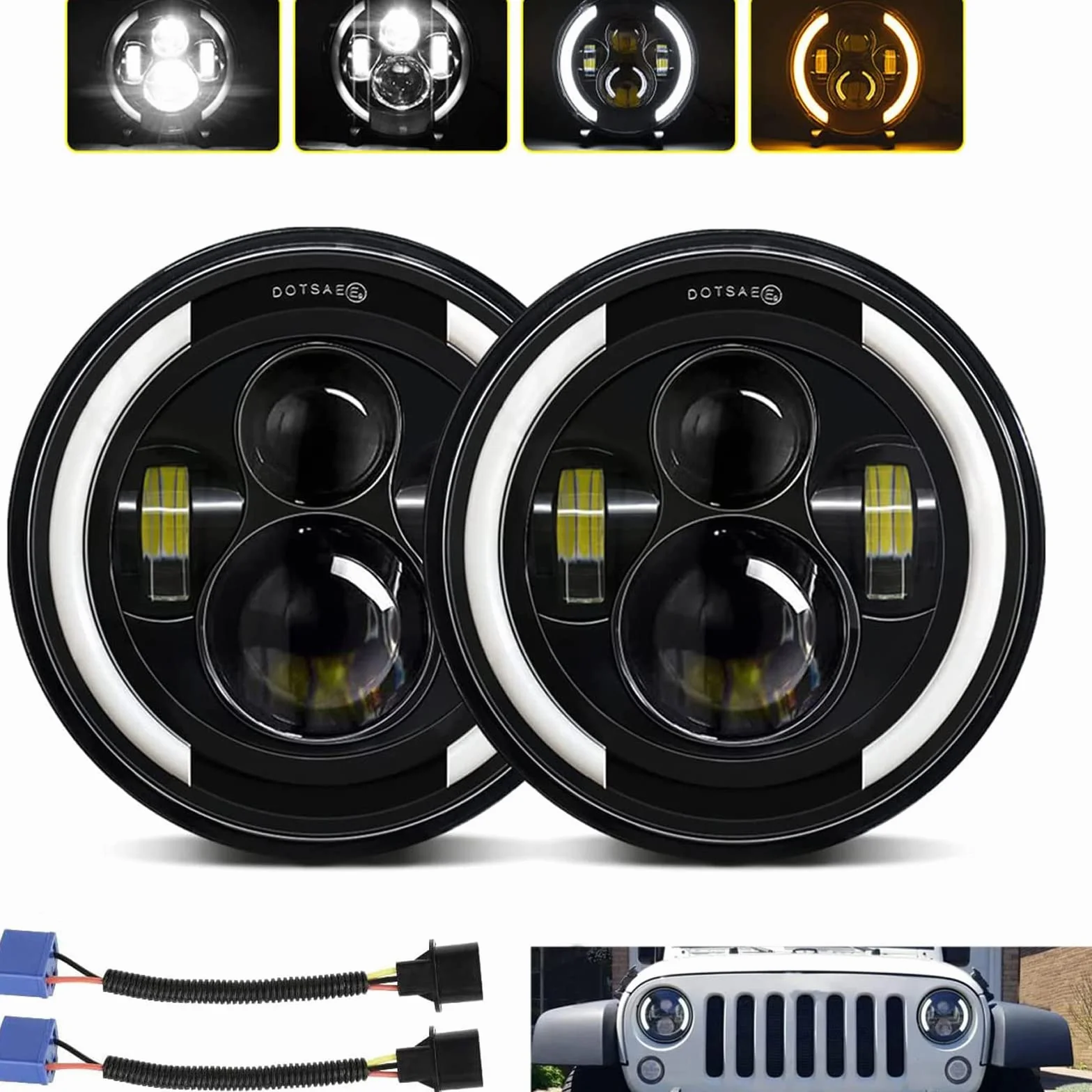 Para reflektorów LED 100W10 000lm, 4 soczewki Angel Eyes 3000K + 6000K 4 tryby oświetlenia okrągłe, tryb offroad ogień krzyż DRL hi-lom