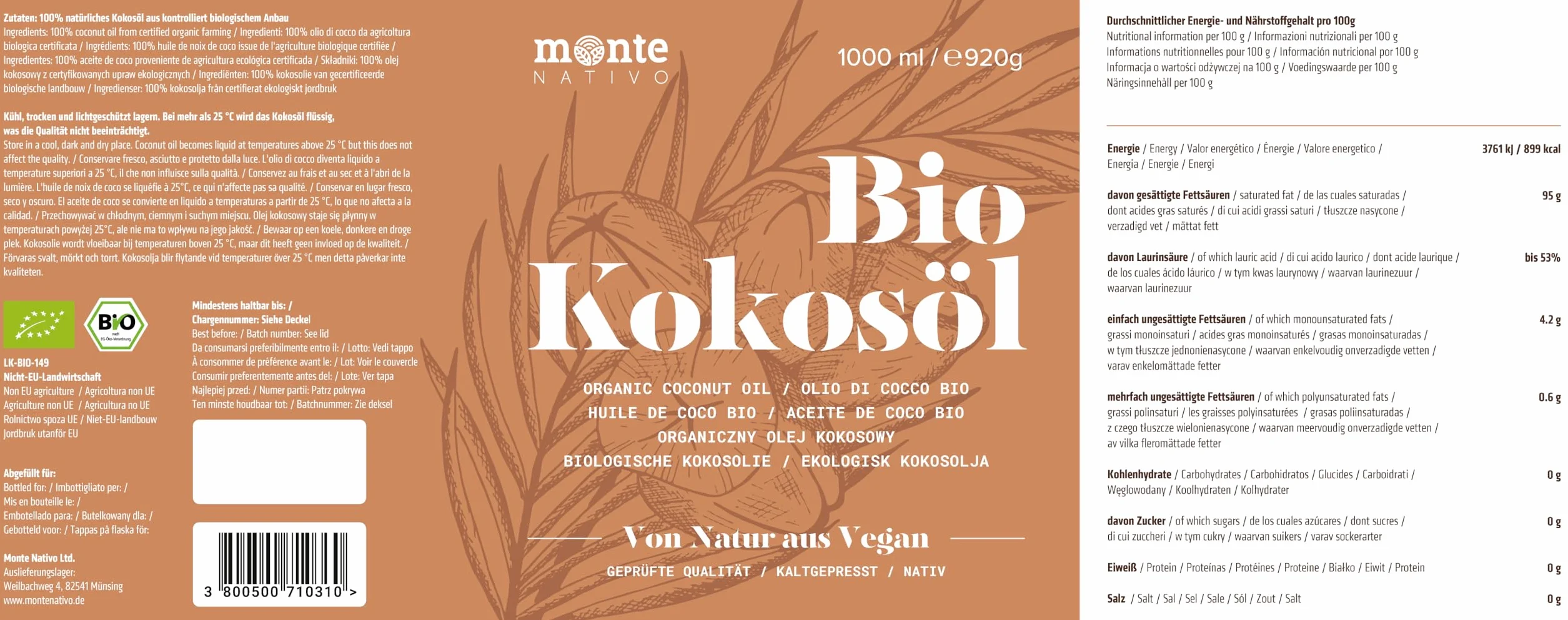 Organiczny olej kokosowy Monte Nativo - 1000ml (1 litr) - Premium, 100% naturalny, z pierwszego tłoczenia na zimno, wysoka jakość żywności surowej - do gotowania, smażenia i pieczenia, do pielęgnacji skóry i włosów