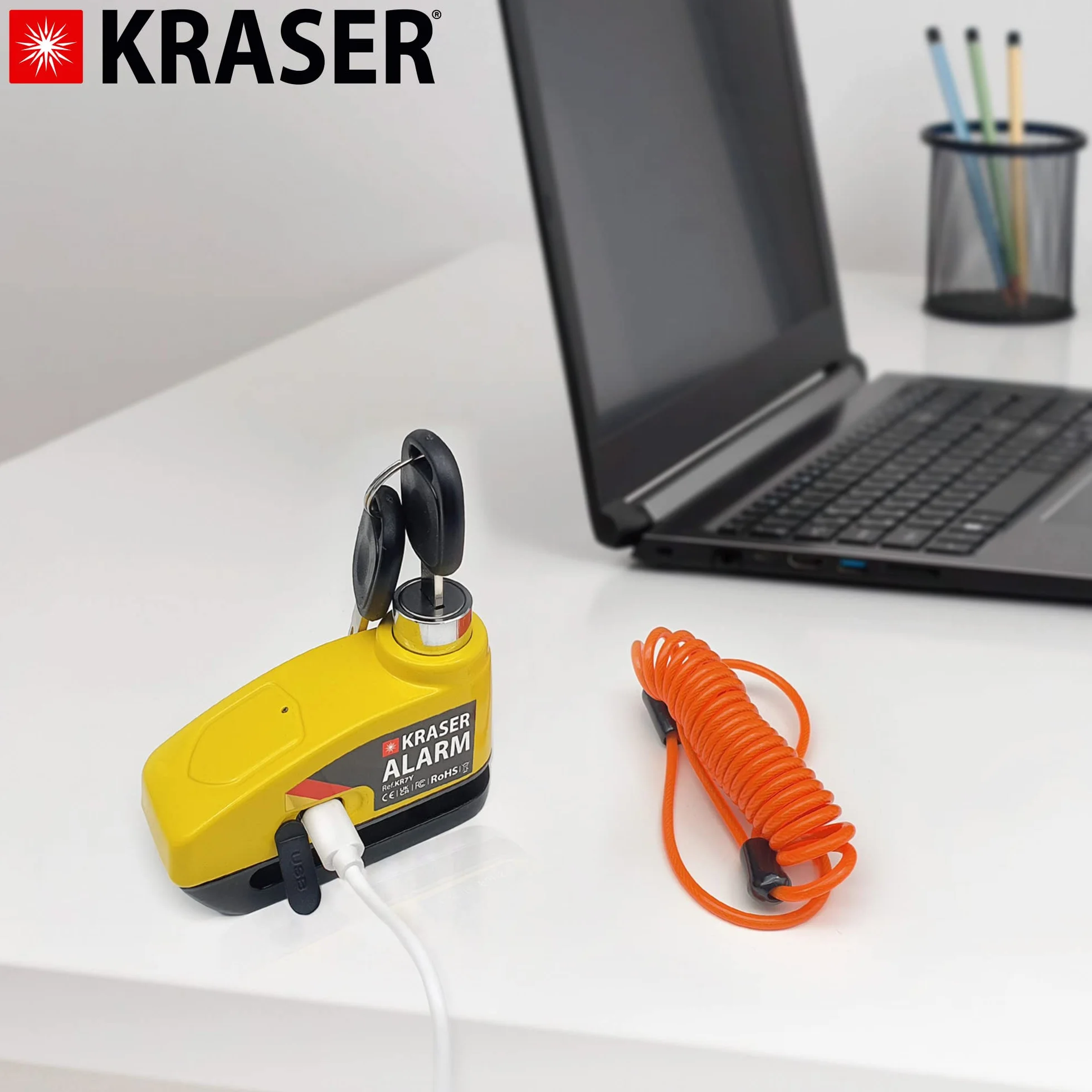 KRASER KR7Y Blokada Tarczy Alarmowej Akumulator, Zabezpieczenie przed Kradzieżą Hamulec Motocyklowy DiscLock, Kabel USB Ładowanie Baterii, Blokada Wciskana Pin ř7mm Bezpieczeństwo, Alarm 110 dB Skuter