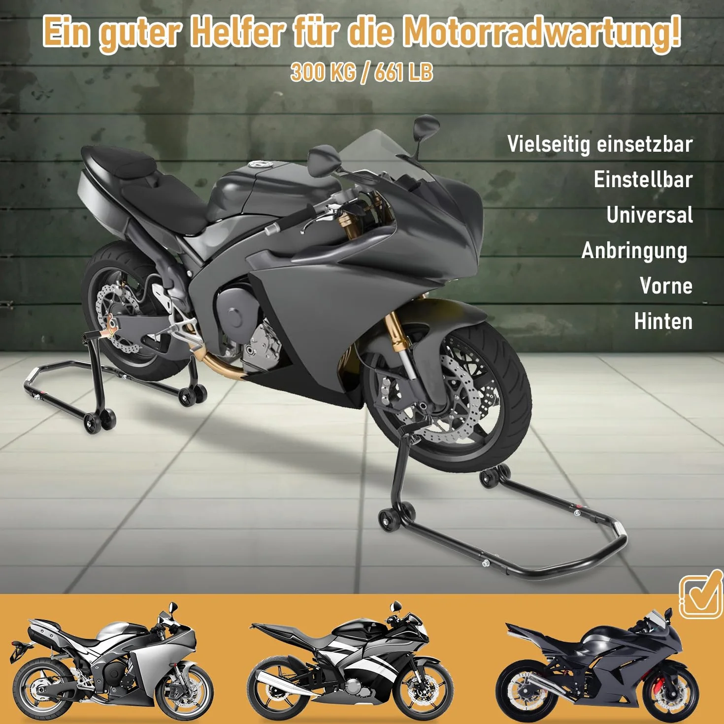 Stojak na motocykl, podnośnik do motocykla, tylny stojak z podwójnymi kółkami, regulacja szerokości, prace montażowe do motocykli do 300 kg, stabilność (czarny)