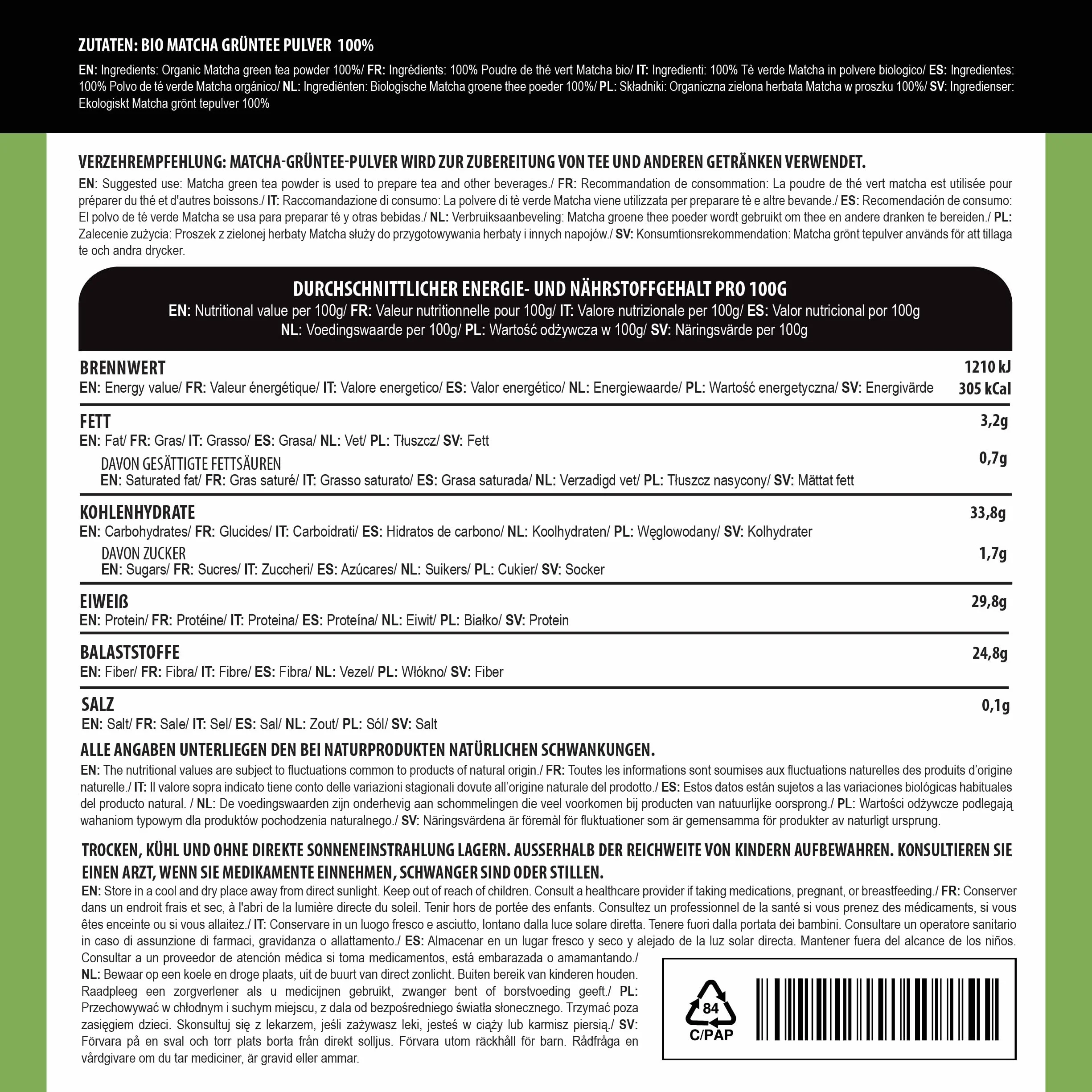 Alpi Nature Ekologiczna Matcha w Proszku 200g, Zielona Herbata Matcha Klasy Premium