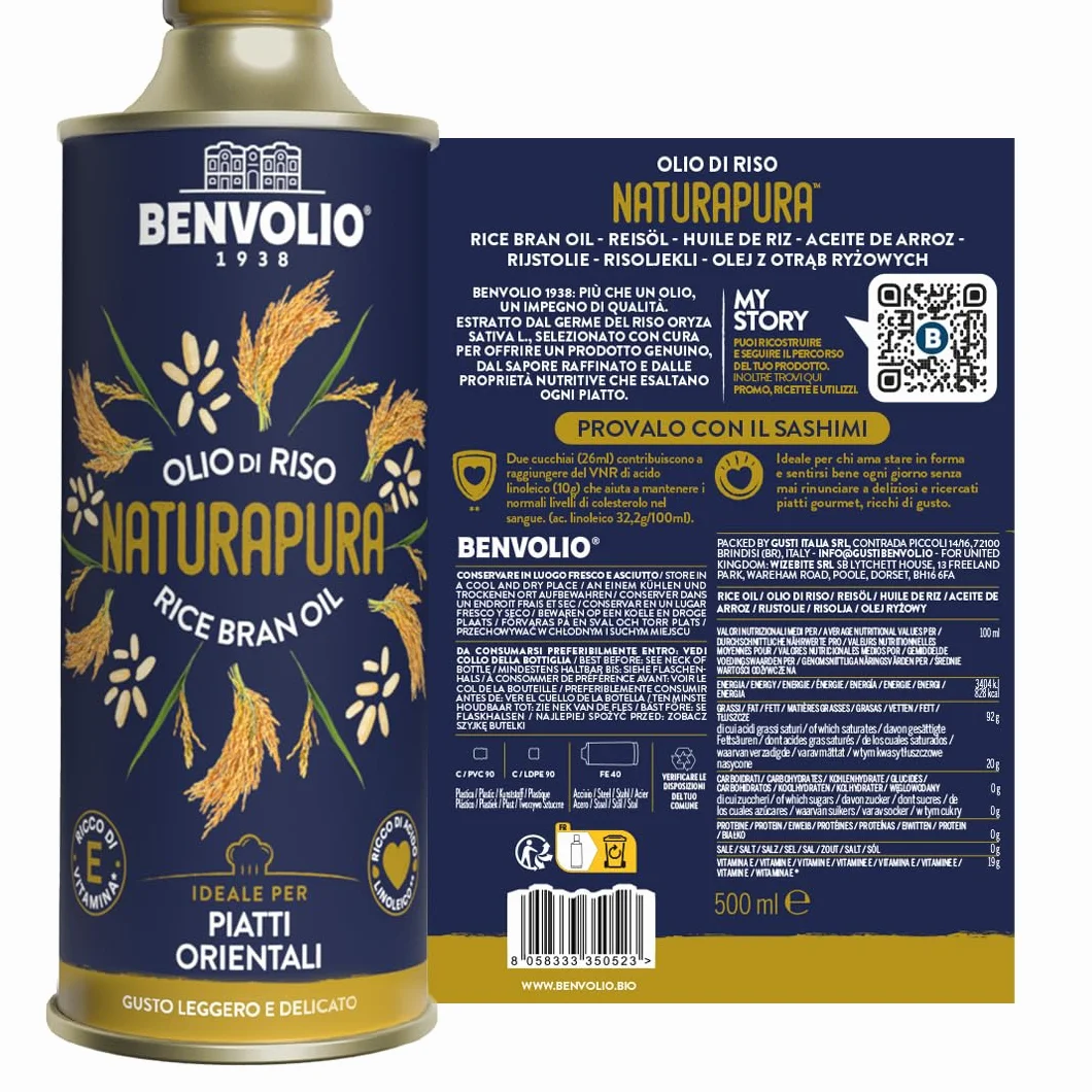Benvolio 1938 Naturapura Naturalny Olej z Otrębów Ryżowych BEZ GMO 500 ml | Wysoki Punkt Dymienia, Chrupiące Smażenie, Lekkie Podsmażanie, Dania Orientalne | Regeneruje, Odżywia i Stymuluje Włosy