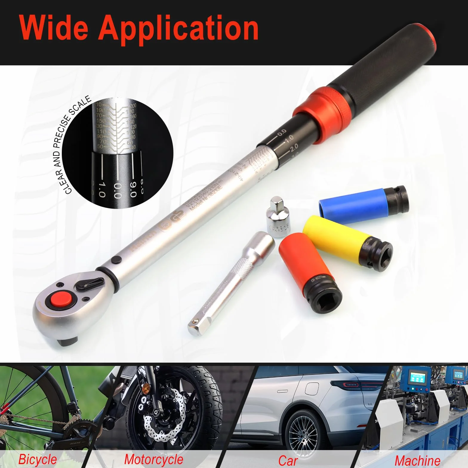 Hairich Klucz dynamometryczny 1/2", klucz nasadowy 40-210 Nm, certyfikat TÜV Süd GS, 6-częściowy zestaw z przedłużeniem 125 mm, adapter 1/2"-3/8" i 3 nasadkami - wymiana opon i motocykli