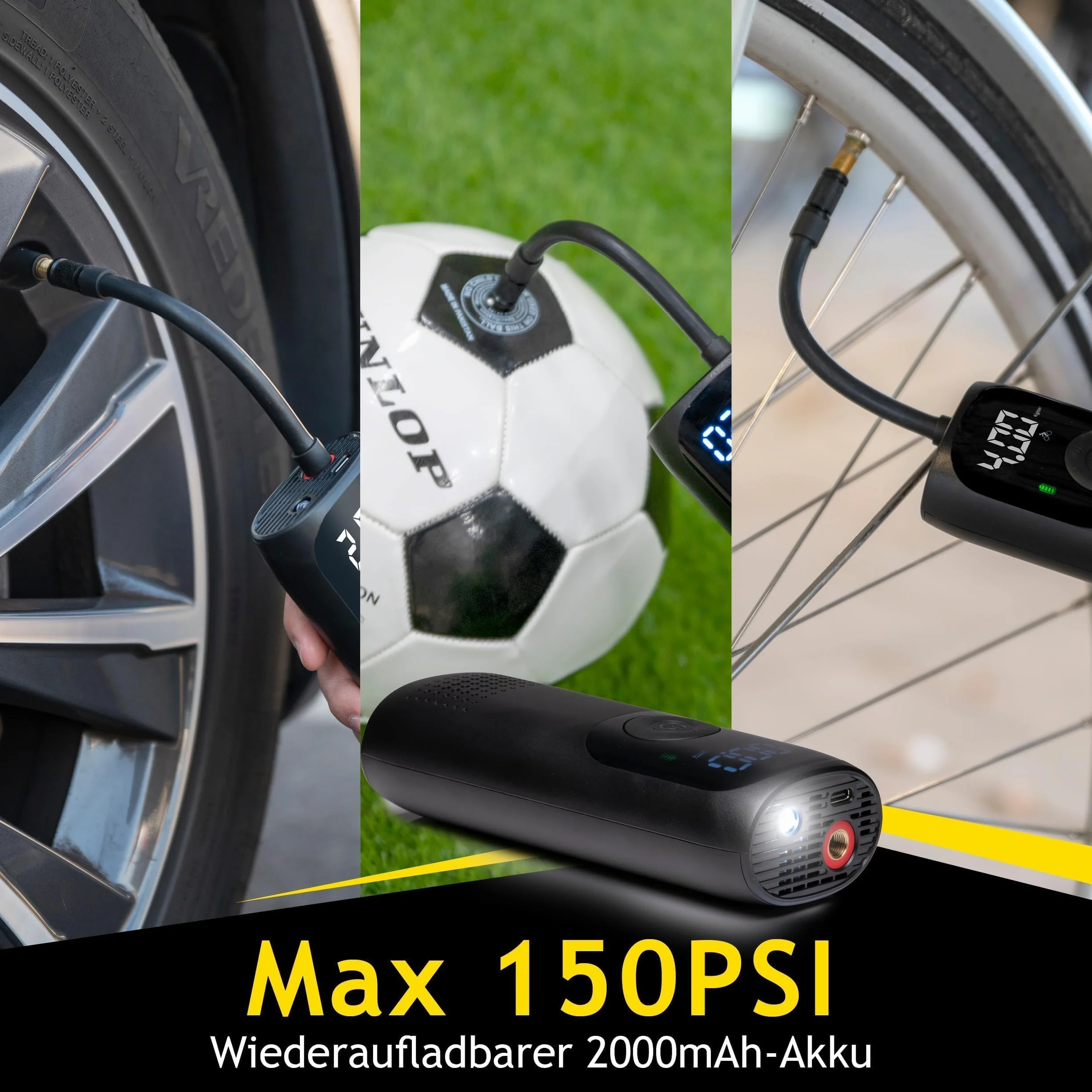 Dunlop Przenośna sprężarka powietrza 150 PSI - Bezprzewodowa pompka do opon z portem USB-C - Pompa rowerowa do wszystkich wentyli - Pompka do piłek - Sprężarka 10 bar z manometrem - Czarny