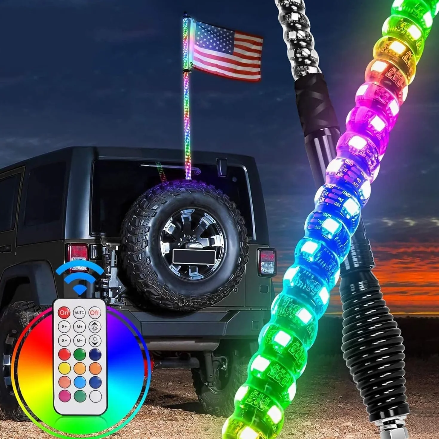 LXW spiralne światła biczowe LED 2 szt. Światła biczowe LED 3FT/4FT, bicze podświetlane w kolorze RGB, odporne na warunki atmosferyczne, bicz terenowy RF bezprzewodowy pilot Ciężarówka terenowa Sand B